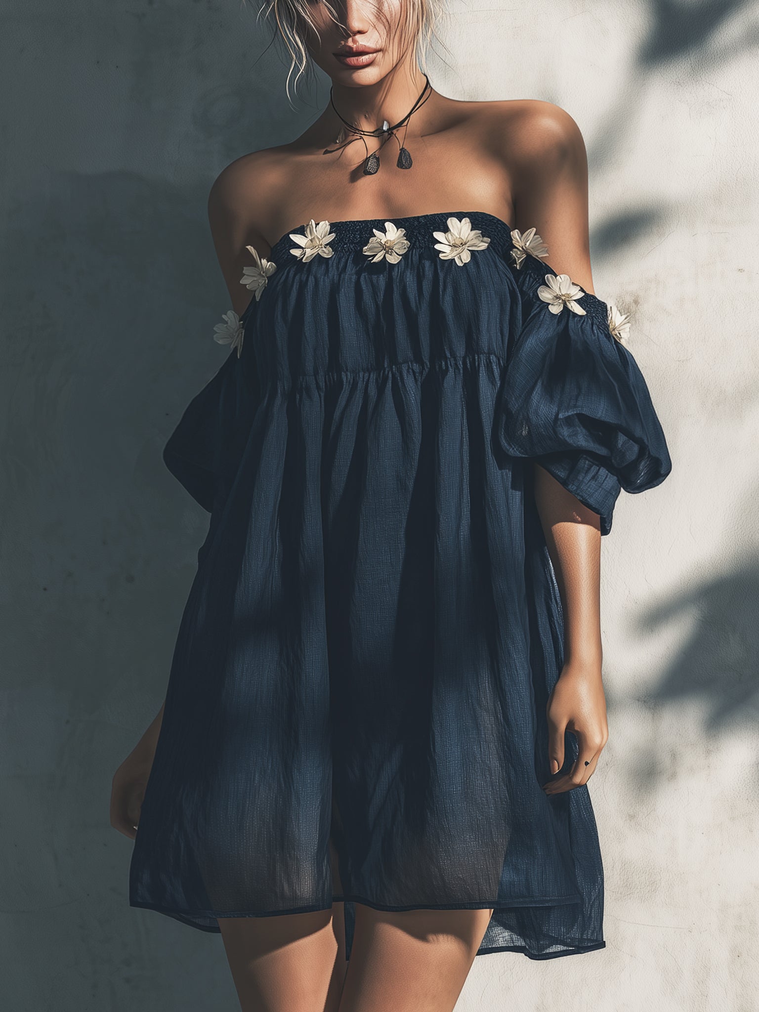 Blue Off Shoulder Linen Mini Dress With 3D Flowers
