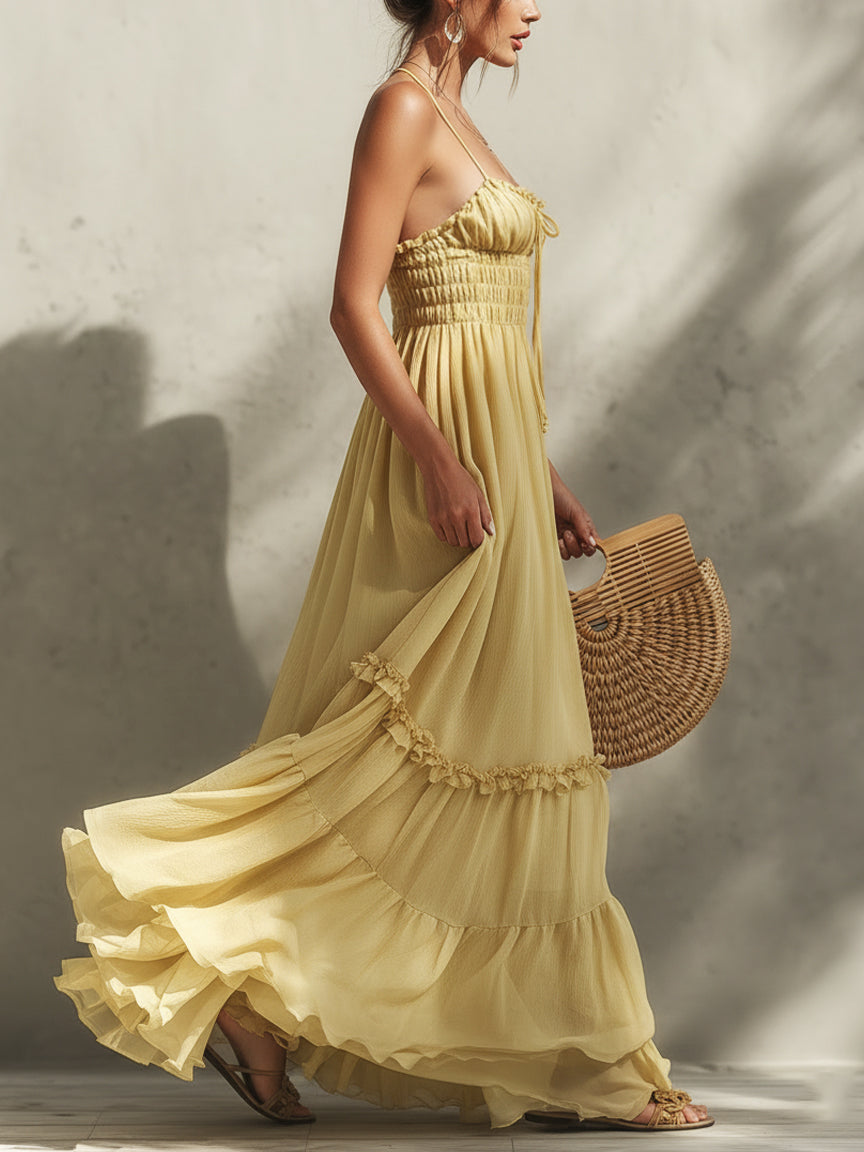 Yellow Pleated Chiffon Maxi Dress