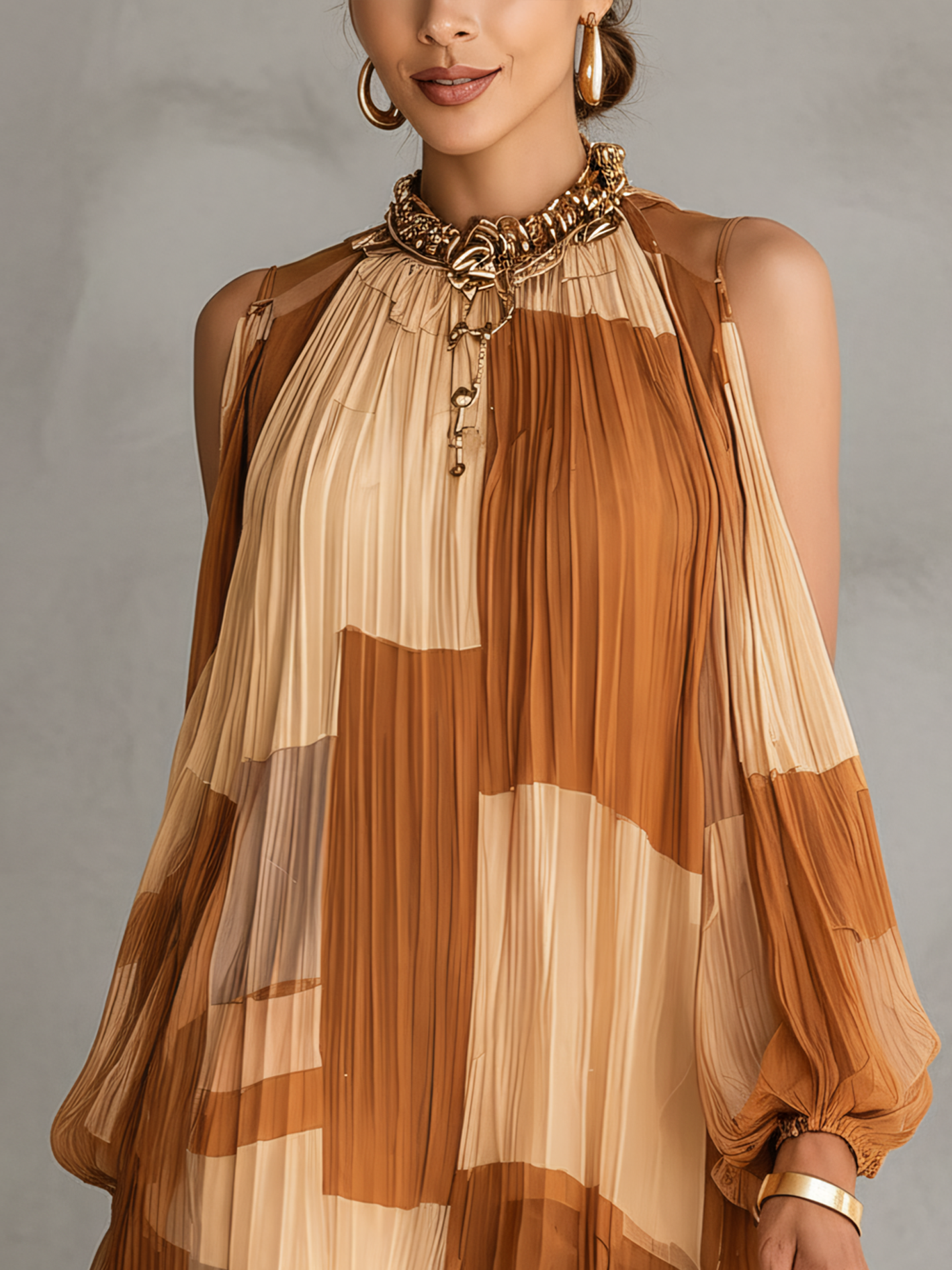 Brown Patchwork Pleated Chiffon Mini Dress With Lace Hem