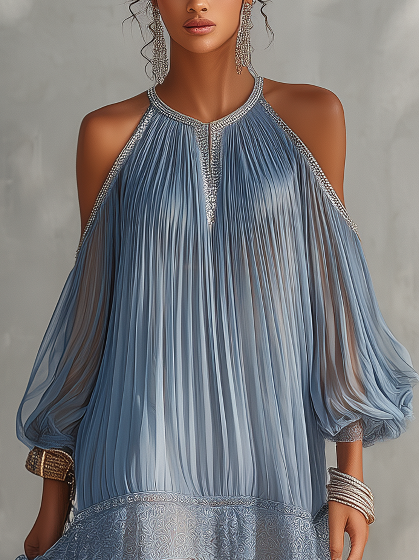 Sky Blue Sparkle Trim Lace Cold Shoulder Pleated Mini Dress