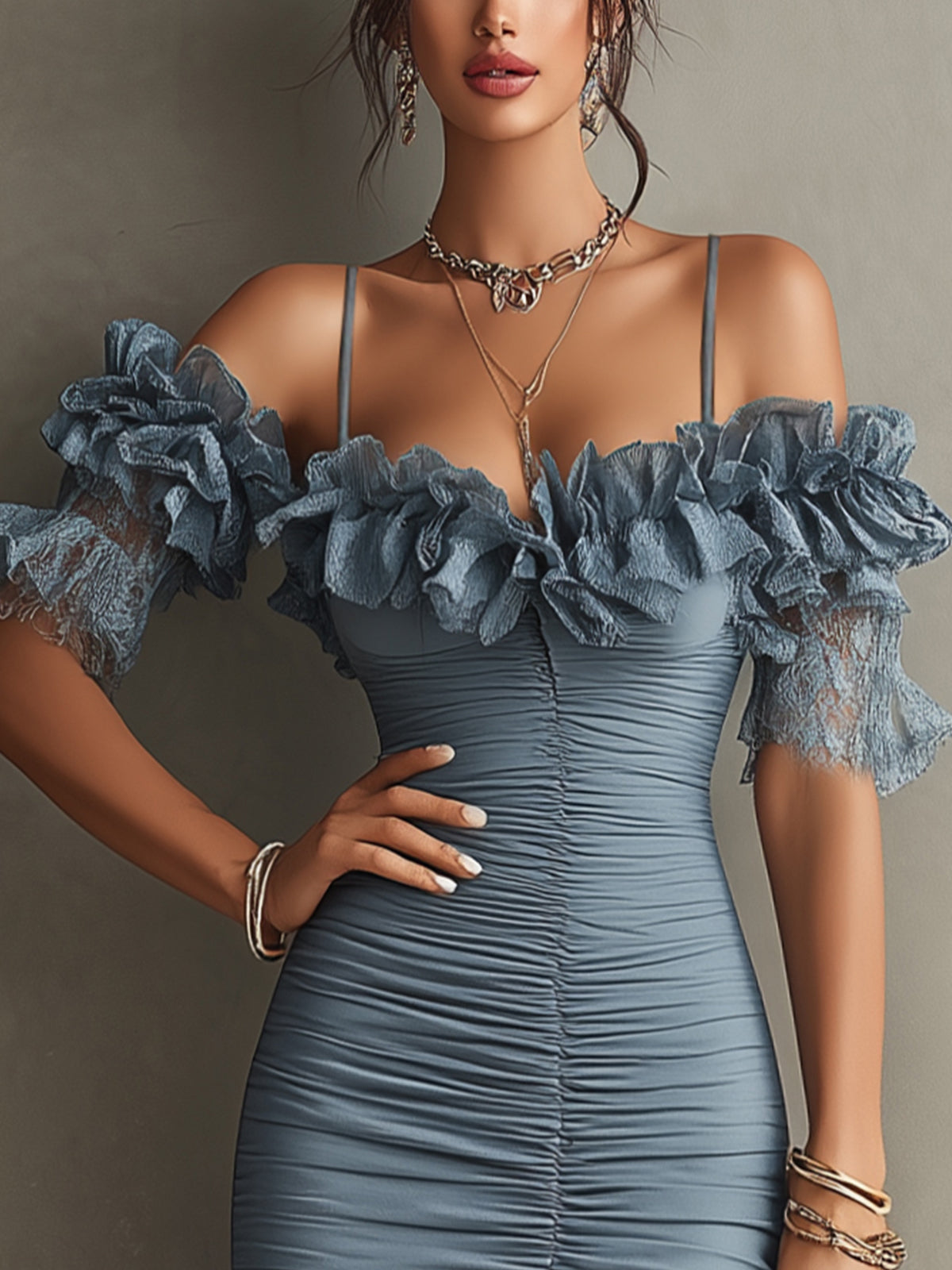 Blue Off-Shoulder Ruched Midi Dress With Lace And Ruffle Detail