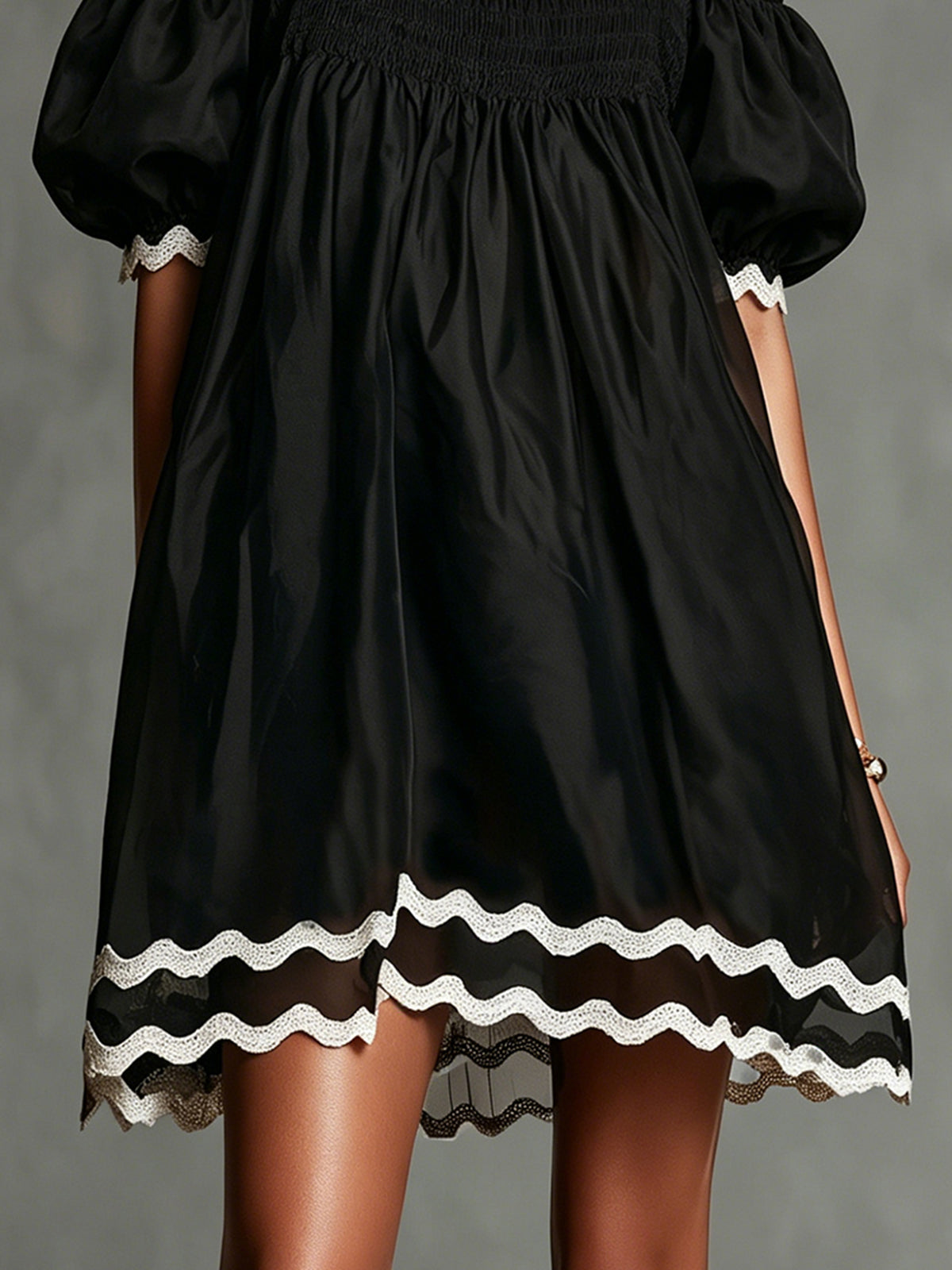 Black Off-Shoulder Puff Sleeve Mini Dress With Contrasting Trim