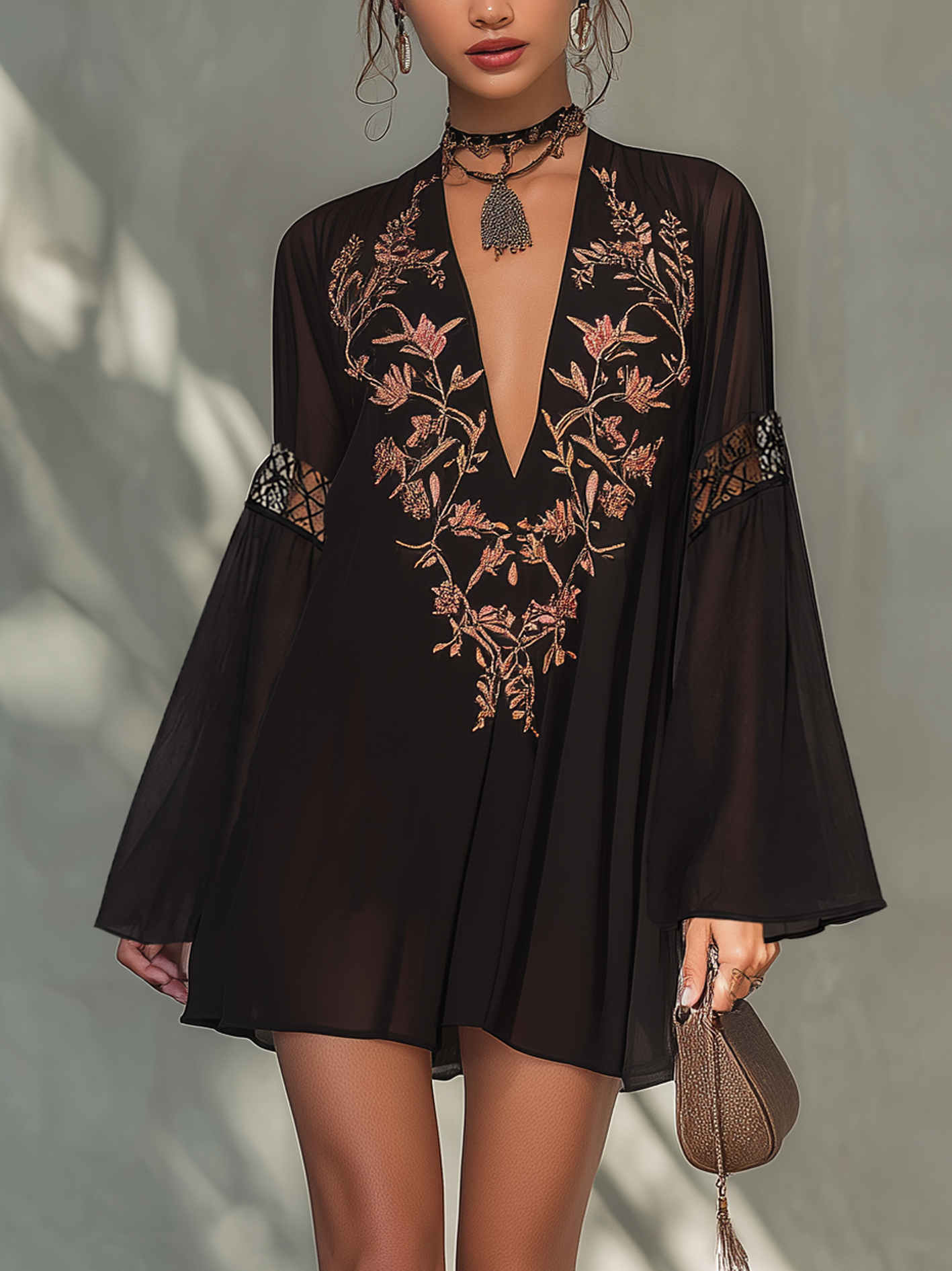 Black Vintage Embroidered Lace Chiffon Mini Dress