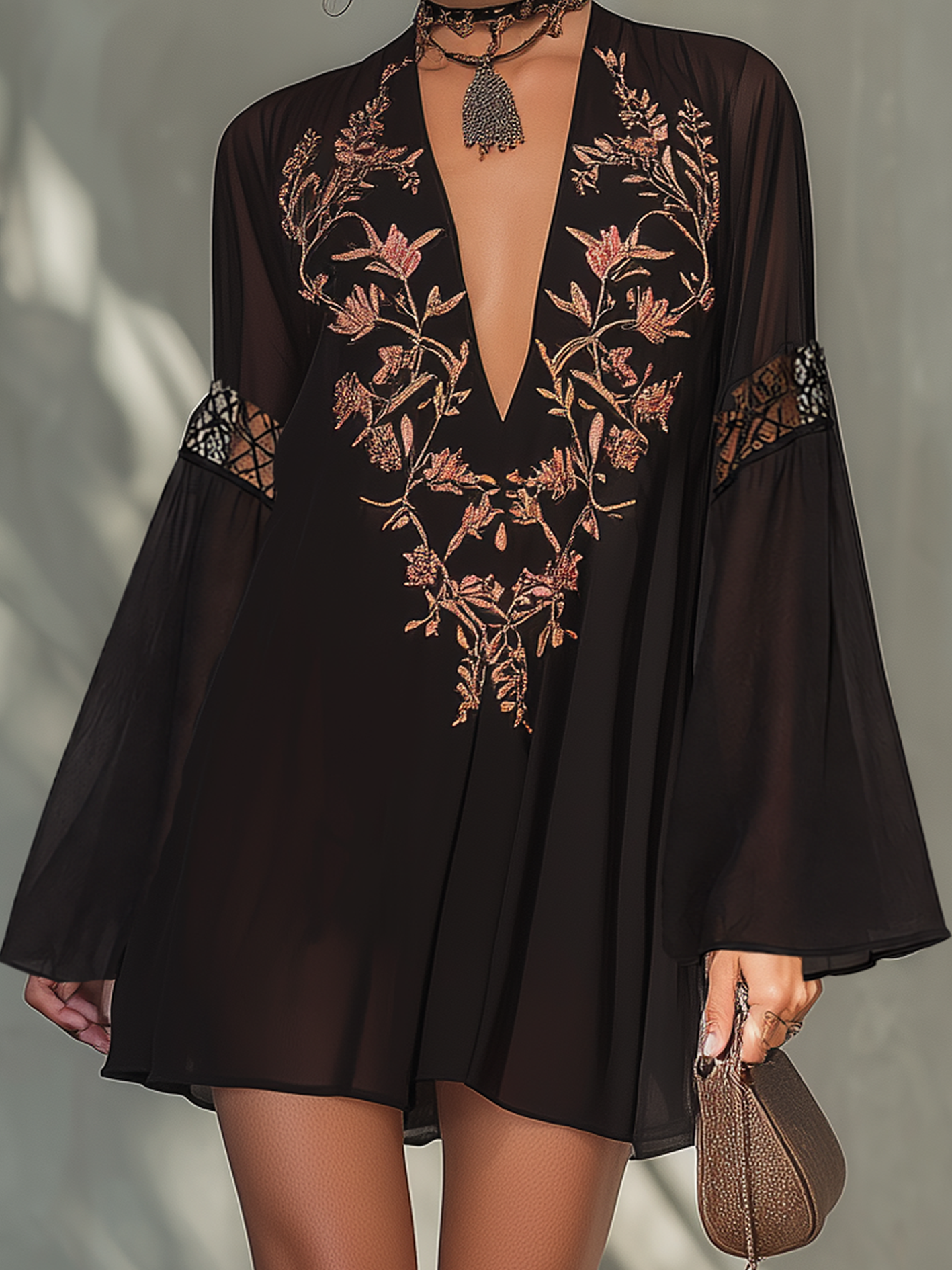 Black Vintage Embroidered Lace Chiffon Mini Dress