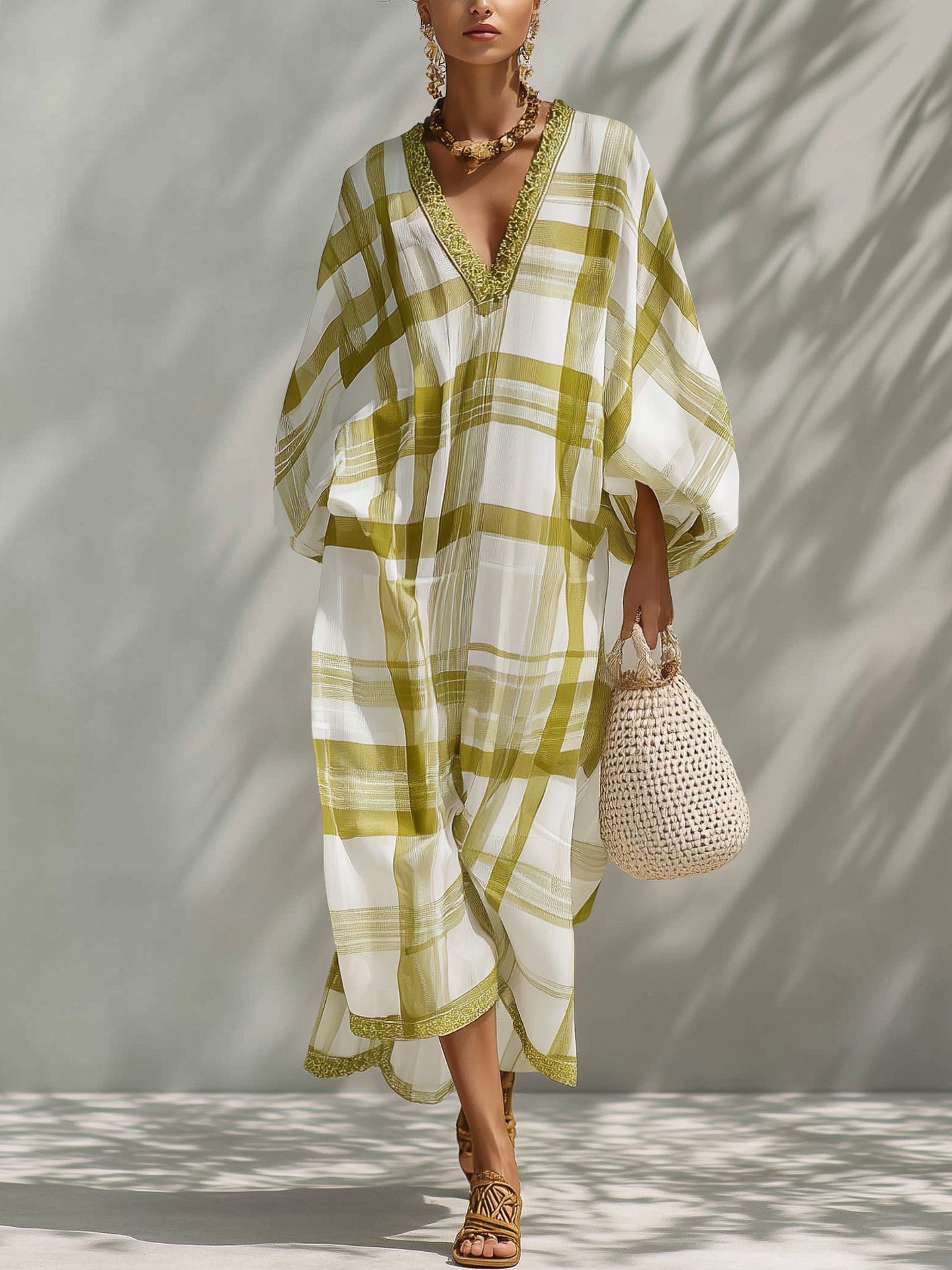 Green Plaid Chiffon Maxi Dress With Ribbon Trim