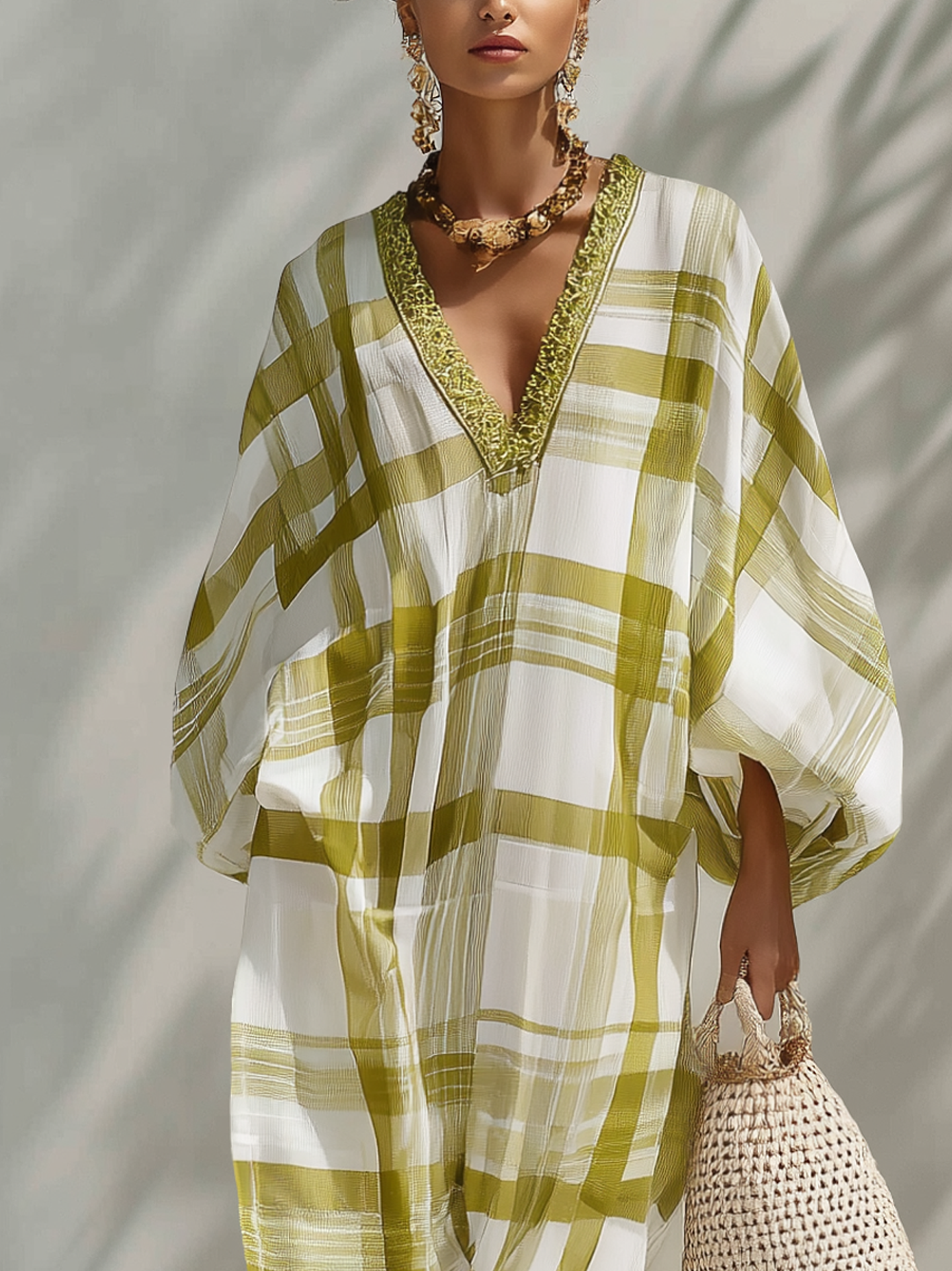 Green Plaid Chiffon Maxi Dress With Ribbon Trim