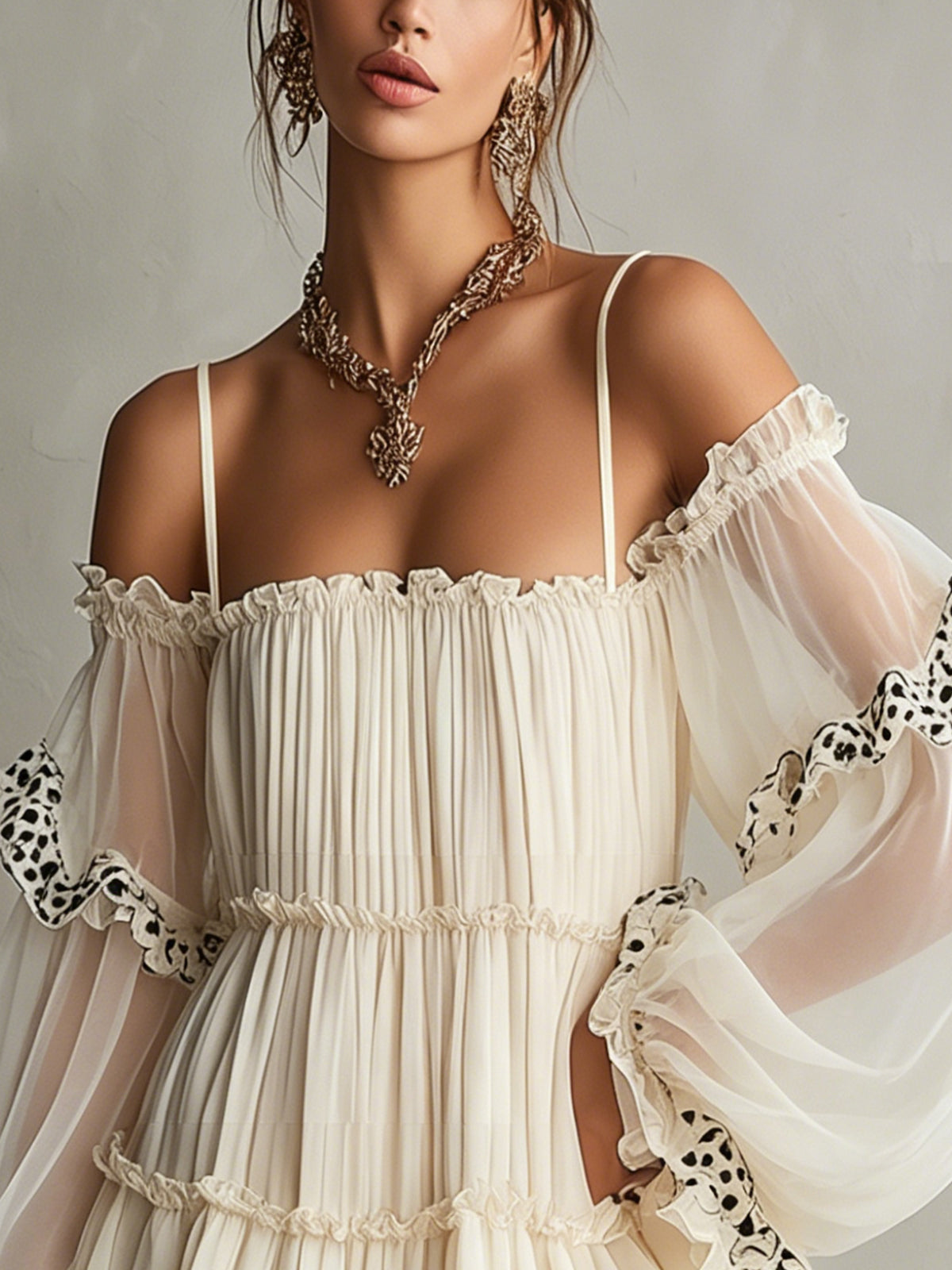 Ivory Off-Shoulder Chiffon Mini Dress With Polka Dot Lace Trim