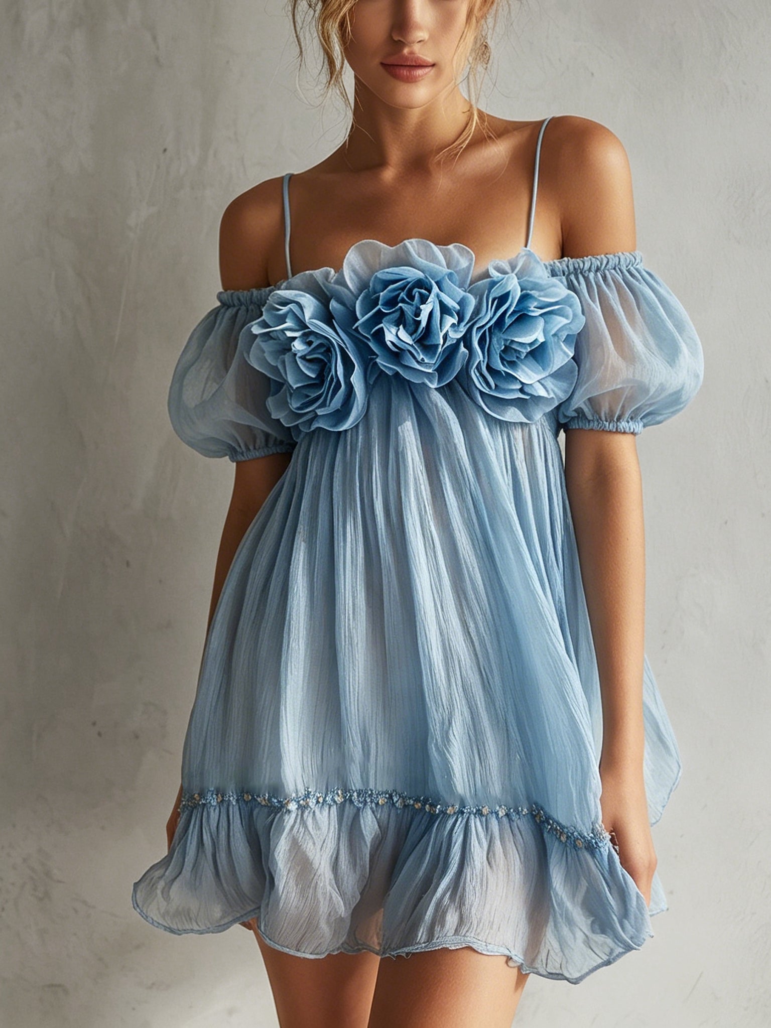 Blue Chiffon Off Shoulder Floral Mini Dress