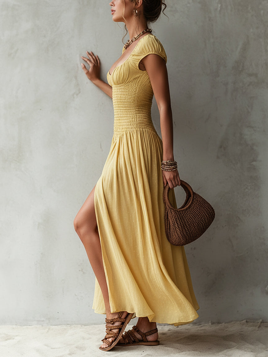 Yellow Ruched Jacquard Chiffon Maxi Dress with Slit
