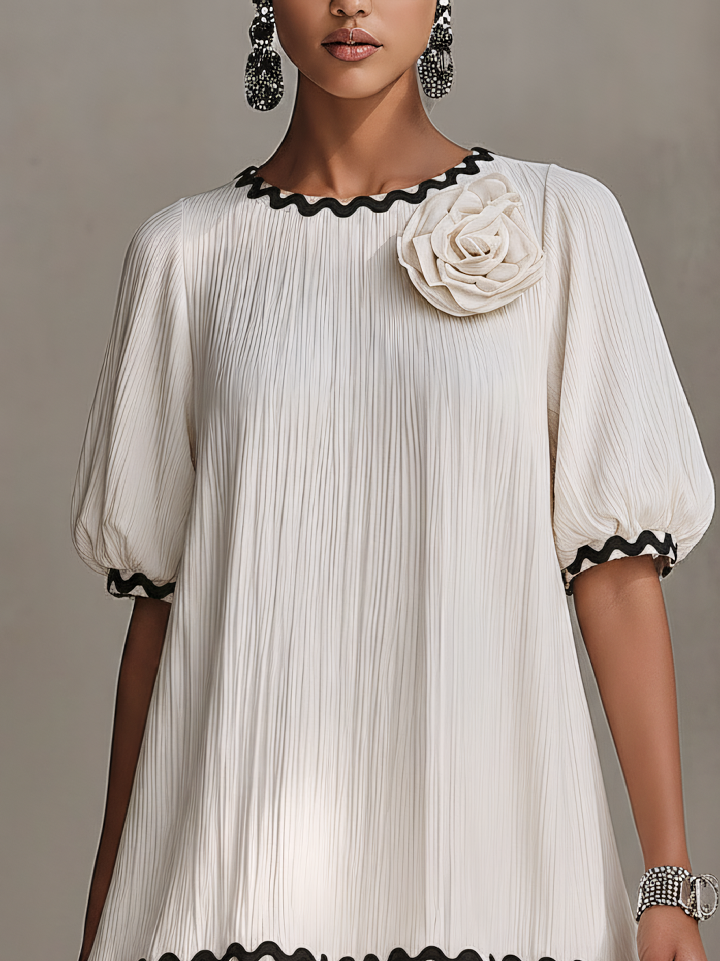 White Textured Mini Dress With Ribbon Trim And 3D Floral Detail