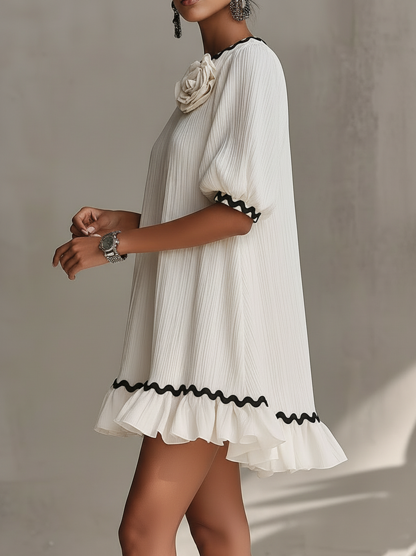 White Textured Mini Dress With Ribbon Trim And 3D Floral Detail