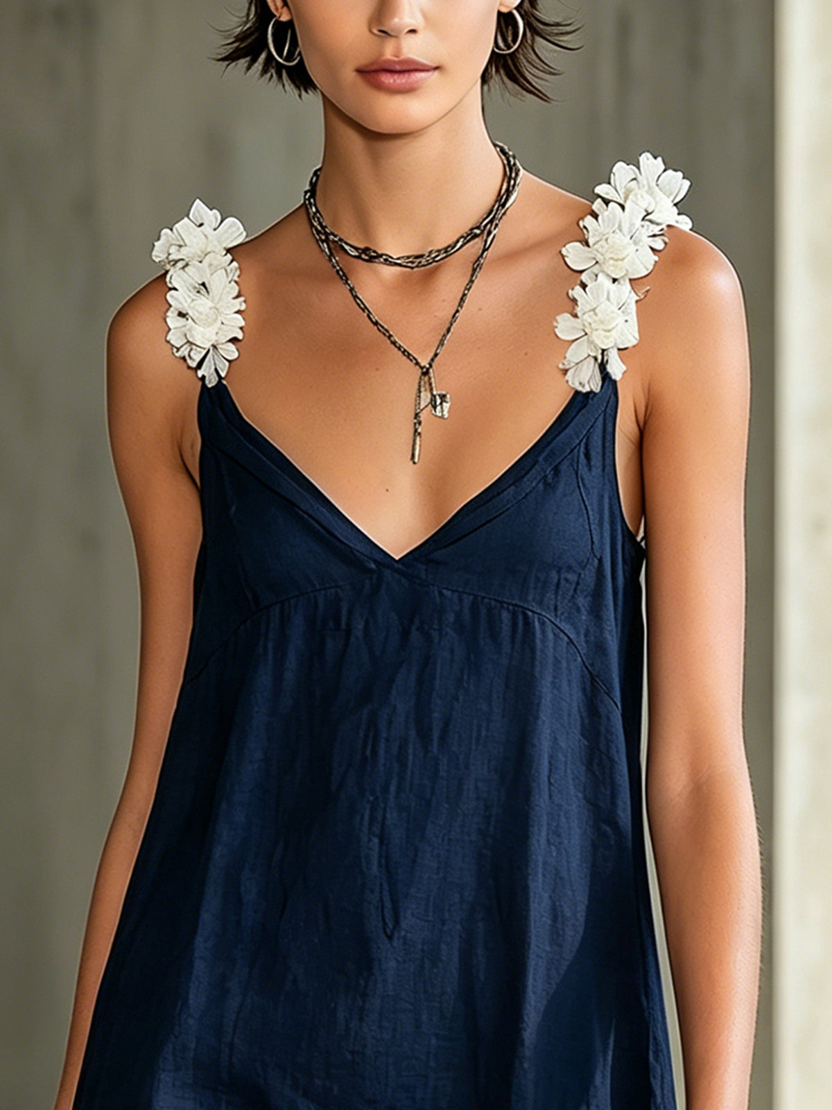 Black V-Neck Mini Dress With Floral Shoulder Straps