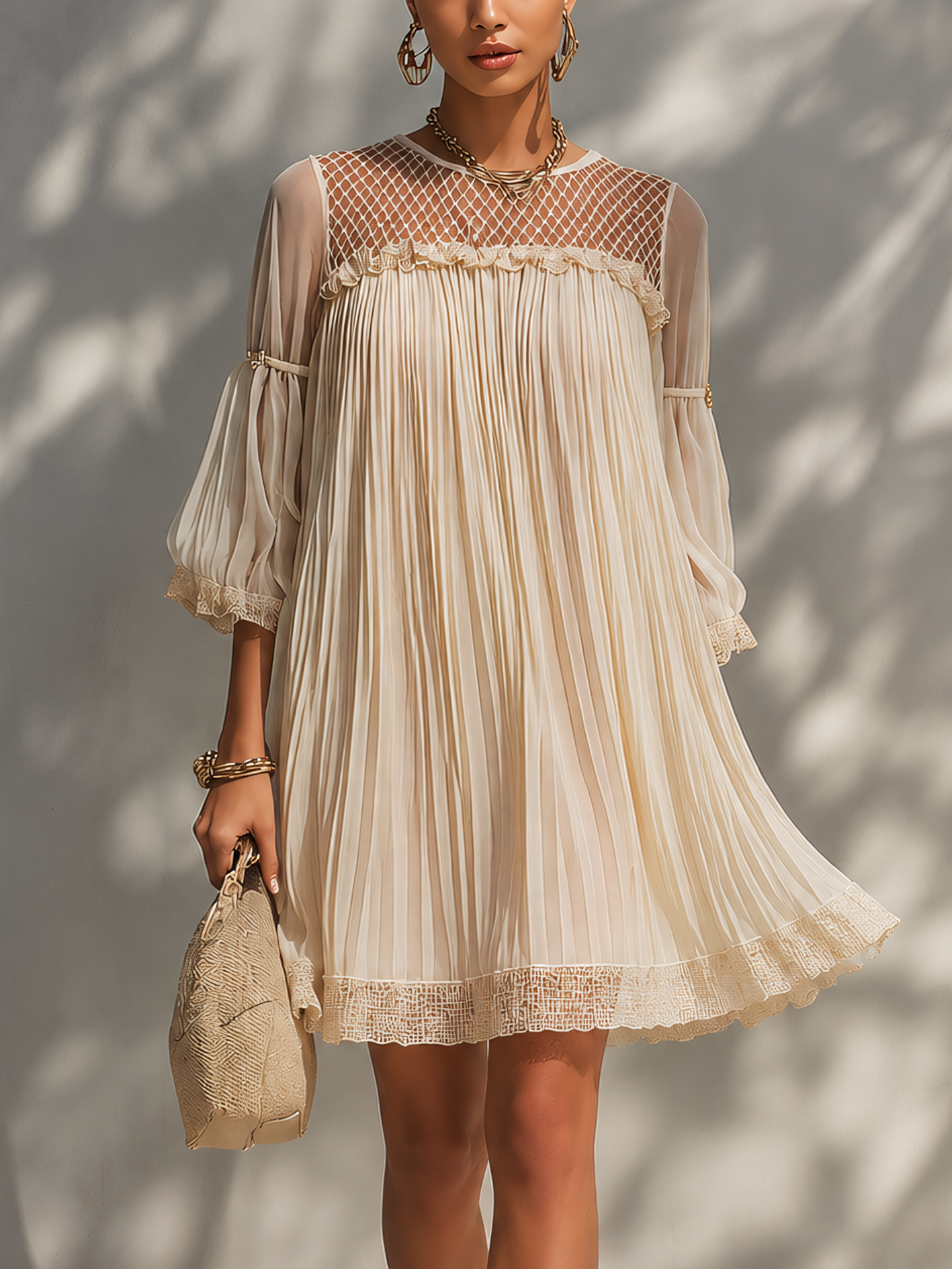 Beige Chiffon Pleated Mesh Mini Dress