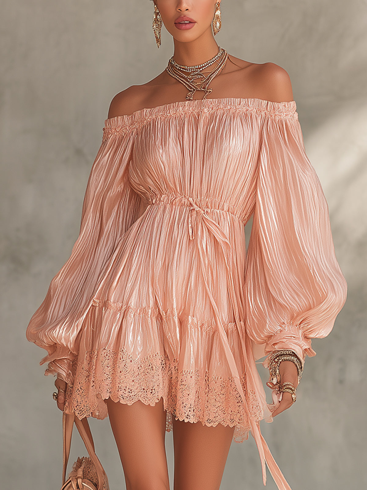 Pink Off-Shoulder Pleated Mini Dress With Lace Hem