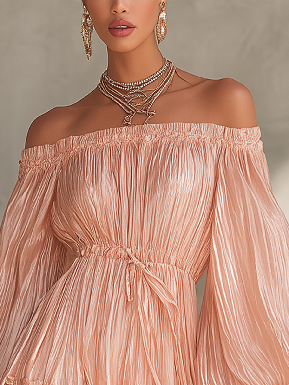 Pink Off-Shoulder Pleated Mini Dress With Lace Hem