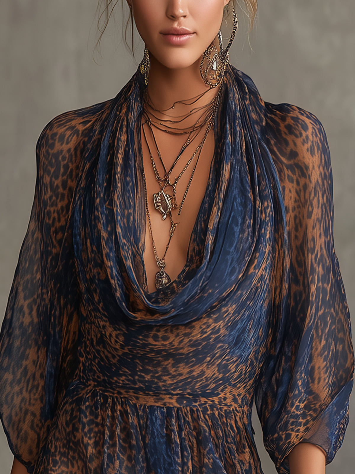 Navy And Brown Animal Print Chiffon Draped Mini Dress