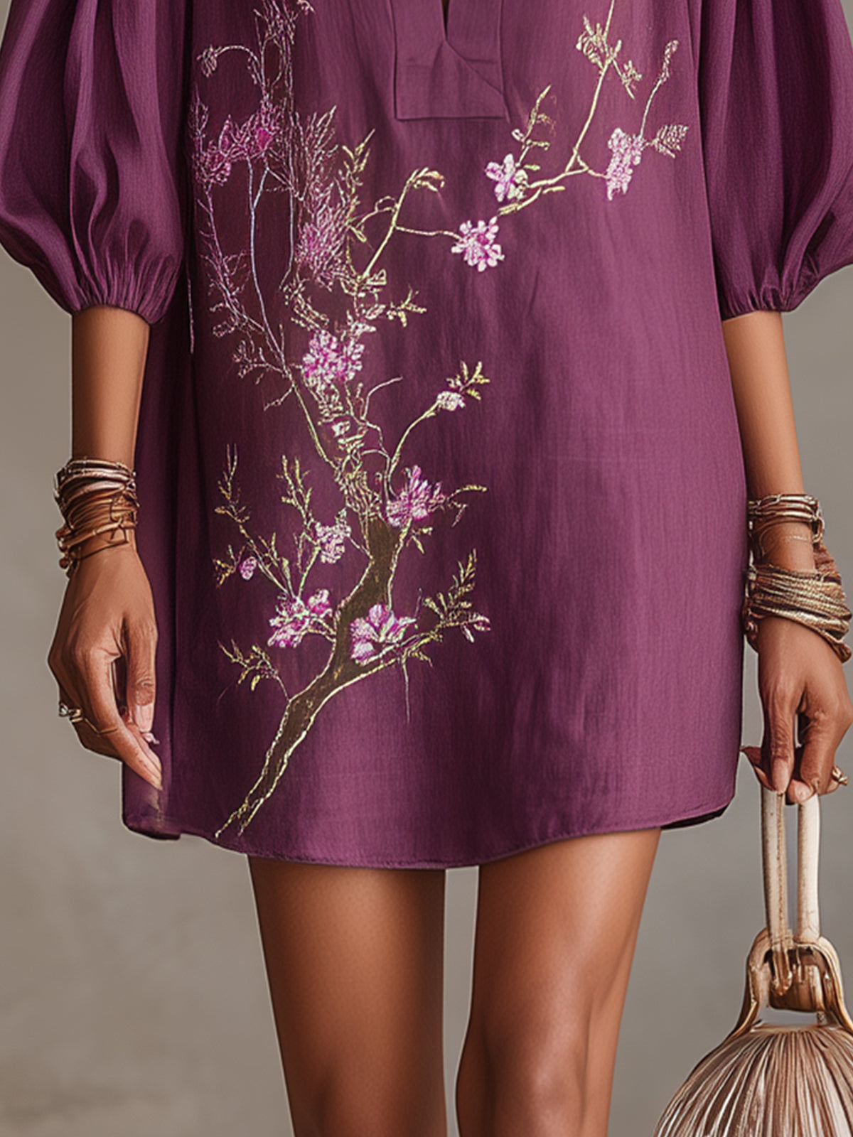Purple Deep V-Neck Mini Dress With Floral Embroidery And Balloon Sleeves