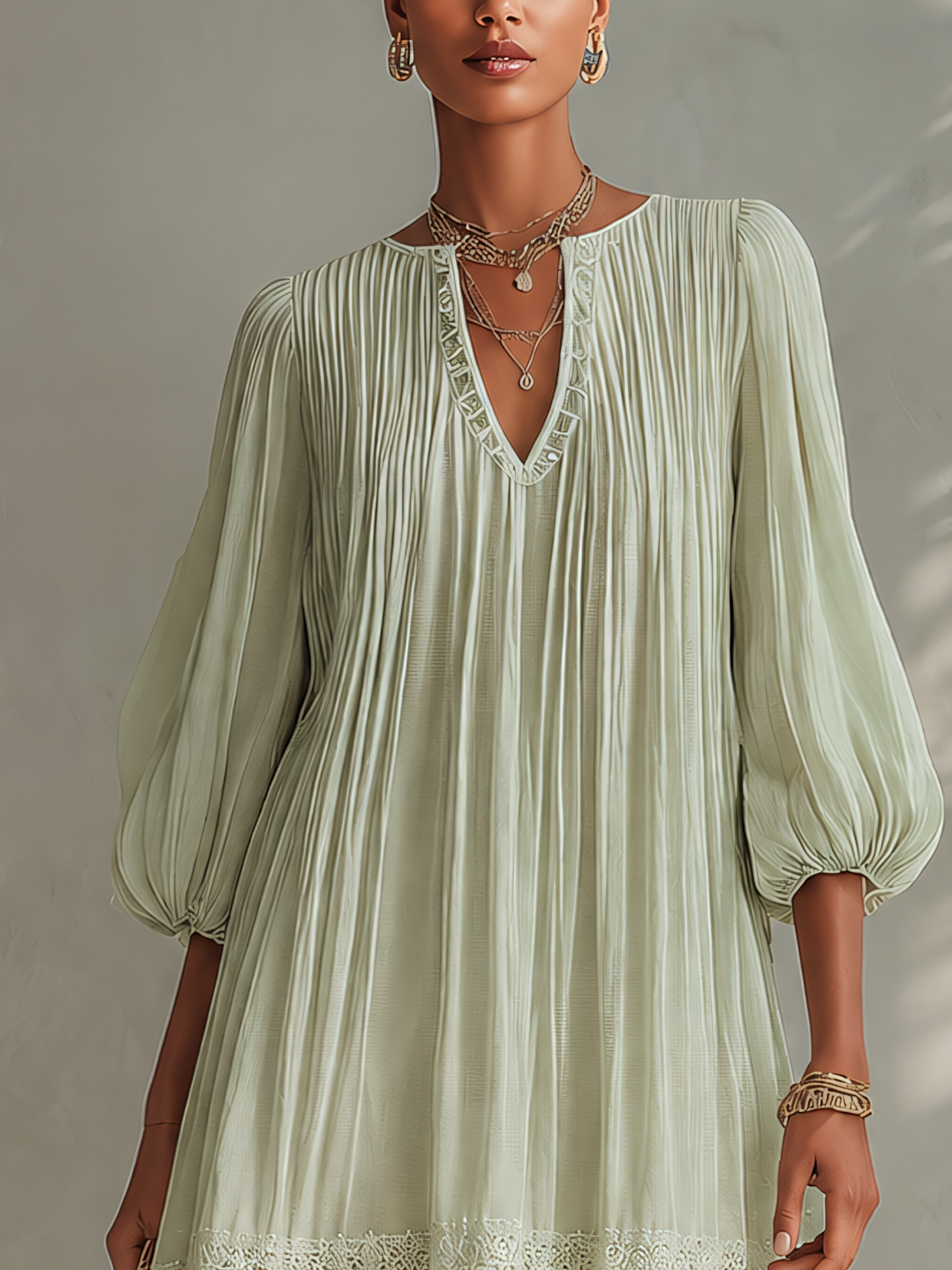 Light Green Pleated Chiffon Lace Mini Dress