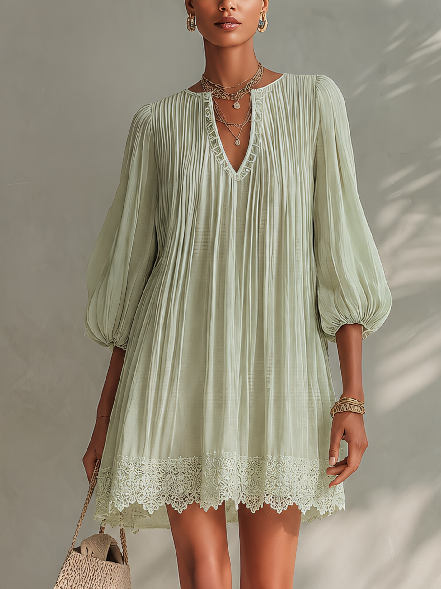 Light Green Pleated Chiffon Lace Mini Dress
