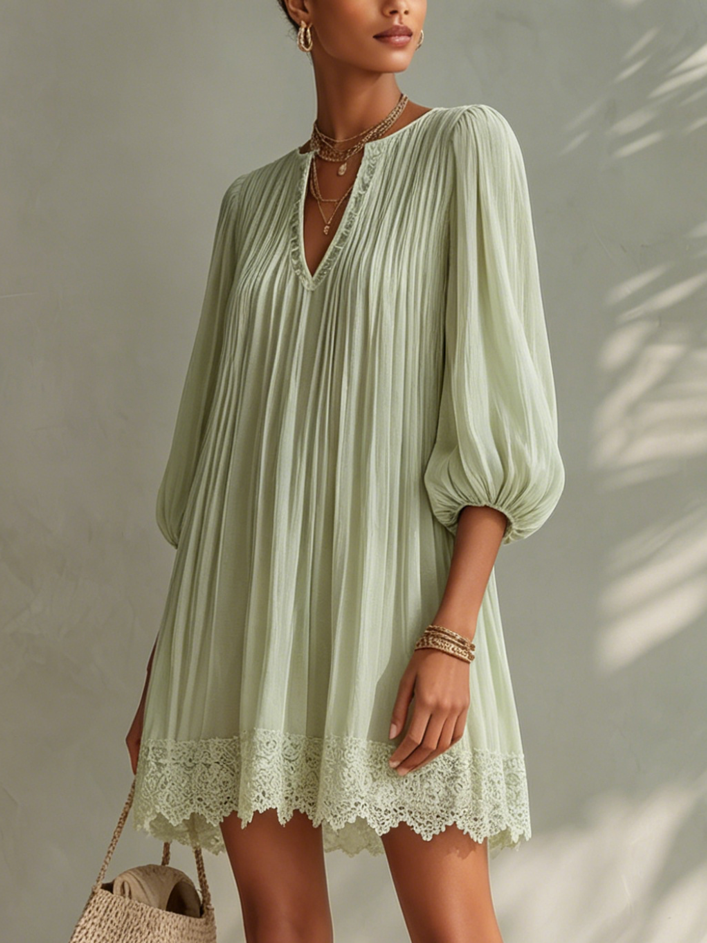 Light Green Pleated Chiffon Lace Mini Dress