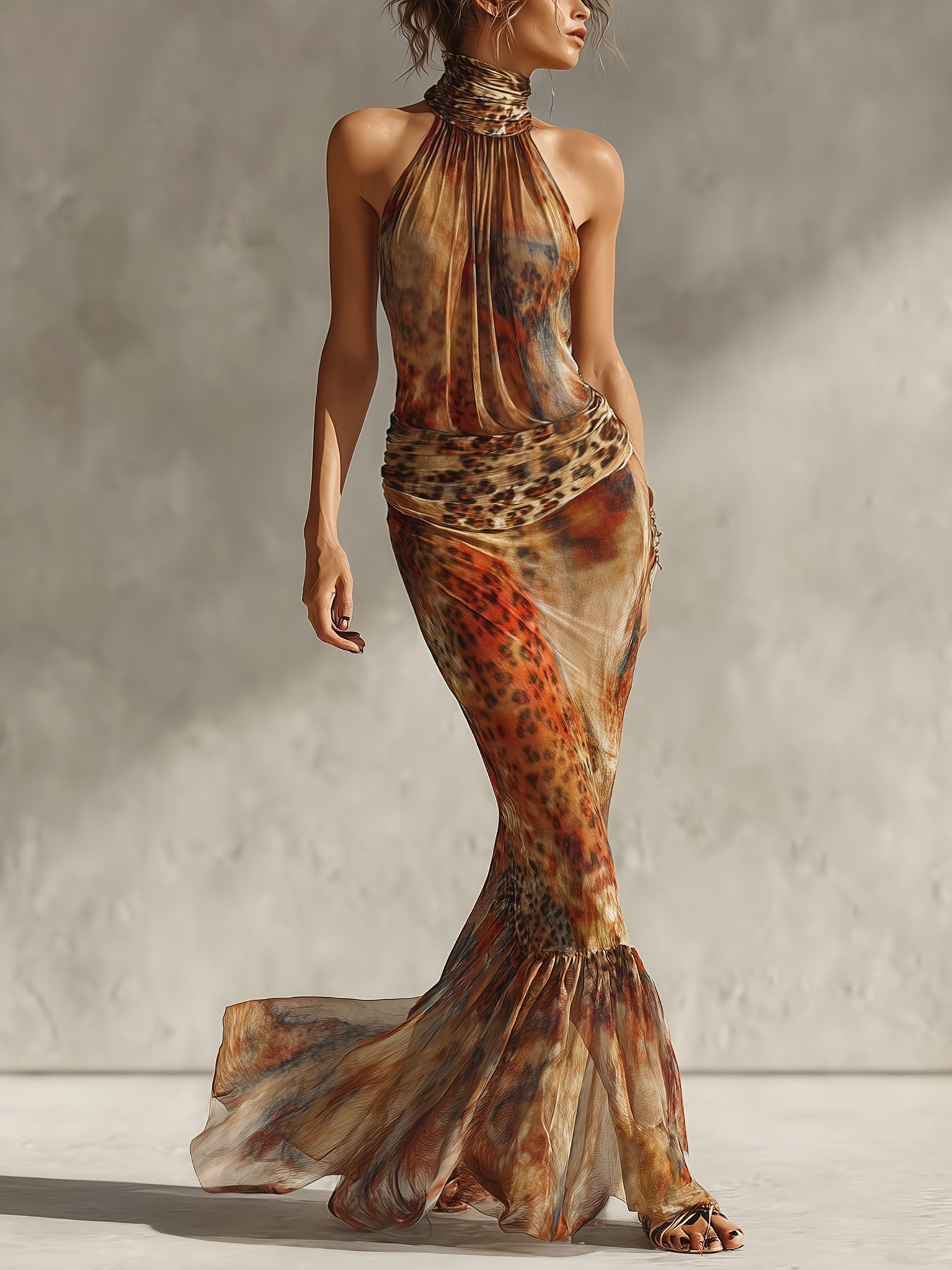 Brown Gradient Leopard Print Bodycon Dress