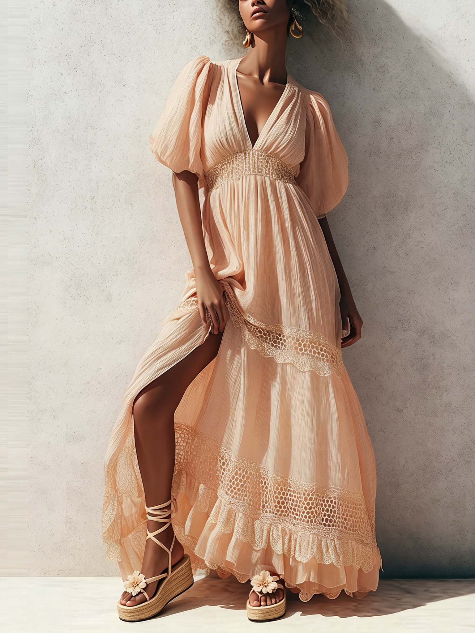 Pink Short Sleeve Ruched Chiffon Maxi Dress