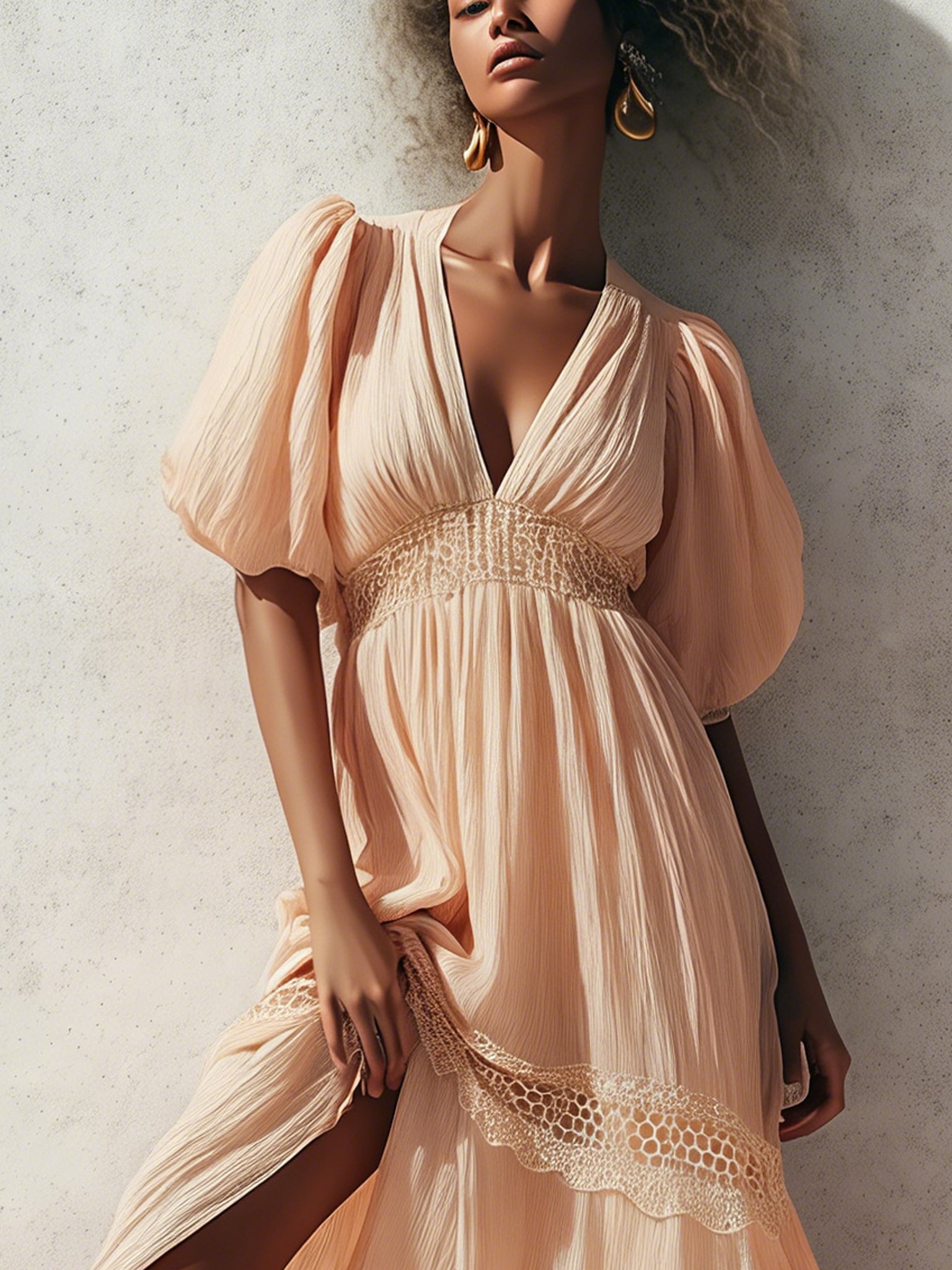 Pink Short Sleeve Ruched Chiffon Maxi Dress