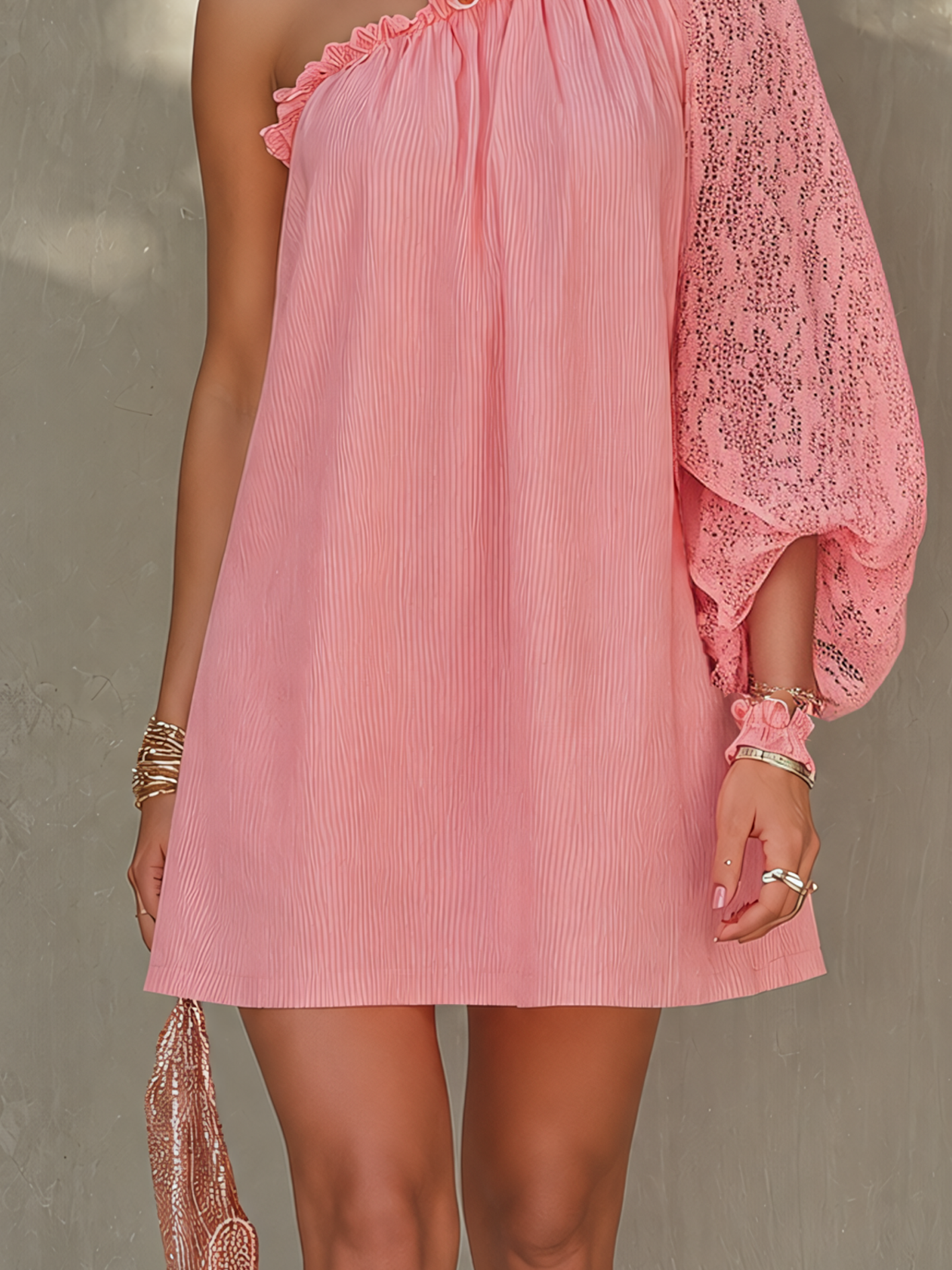 Pink One Shoulder Lace Sleeve Mini Dress