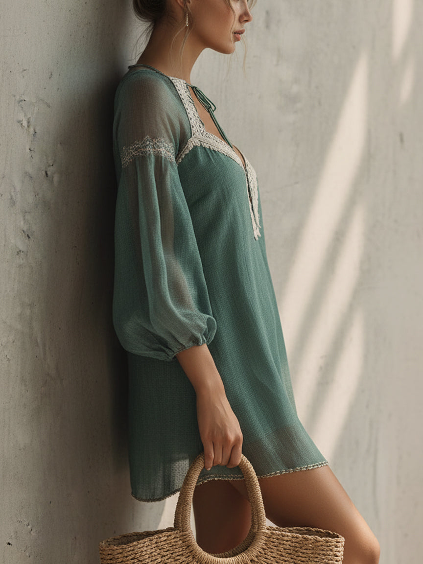 Lake Blue Linen And Chiffon Lace Trim Mini Dress