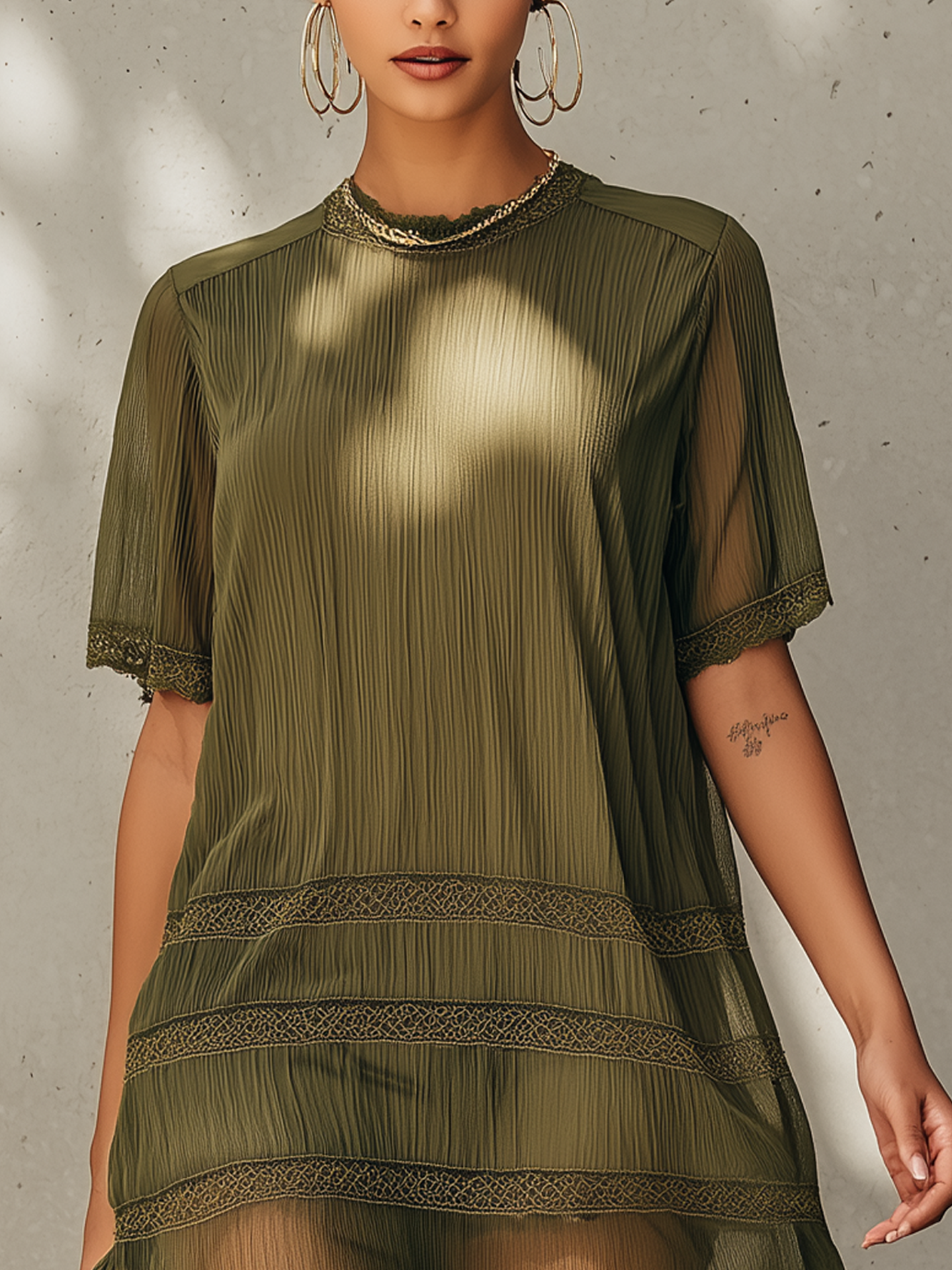 Olive Green Chiffon Lace Panel Mini Dress