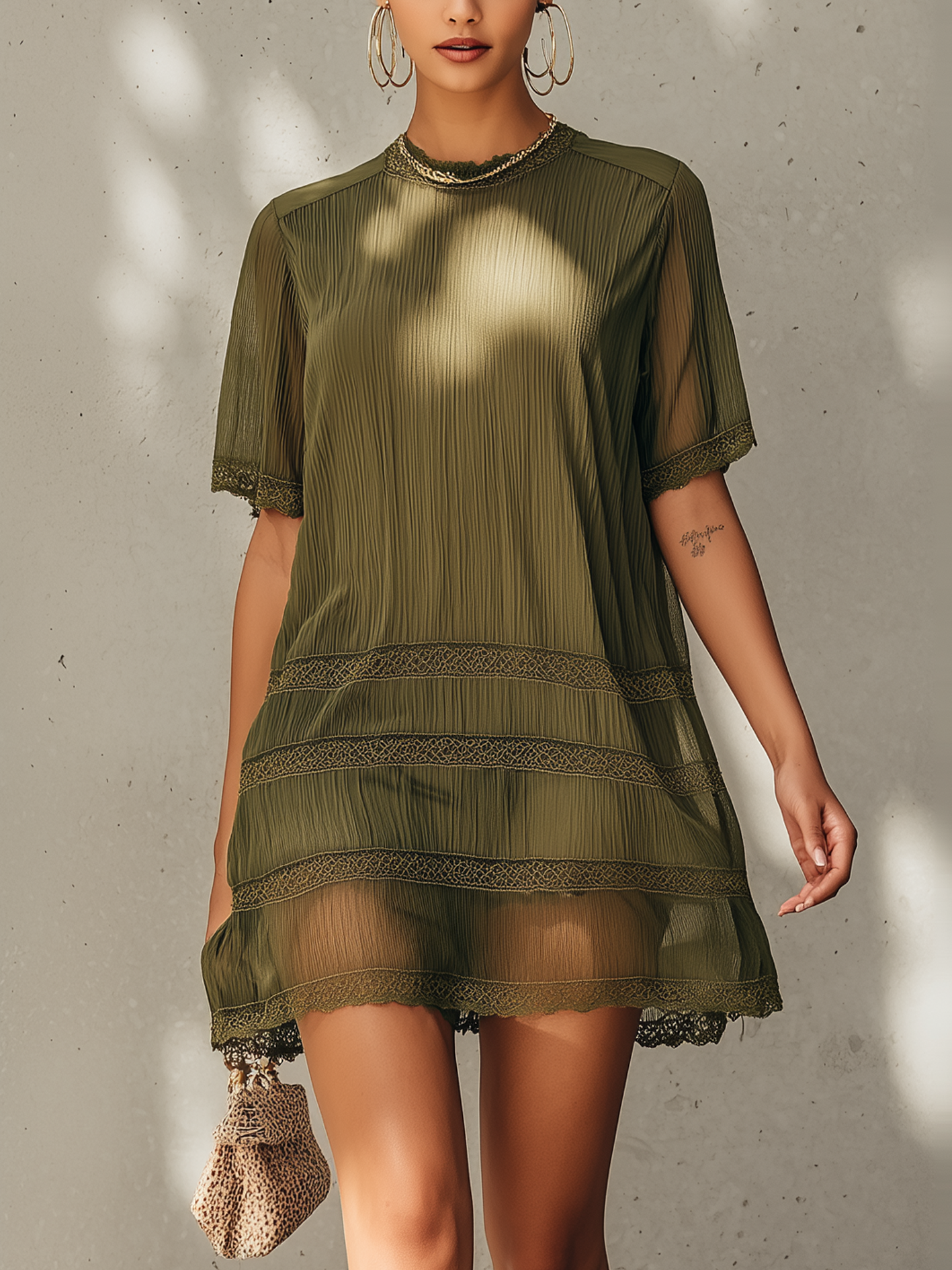 Olive Green Chiffon Lace Panel Mini Dress