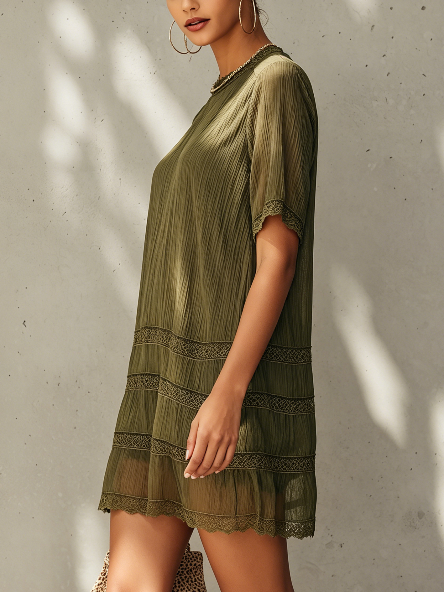 Olive Green Chiffon Lace Panel Mini Dress