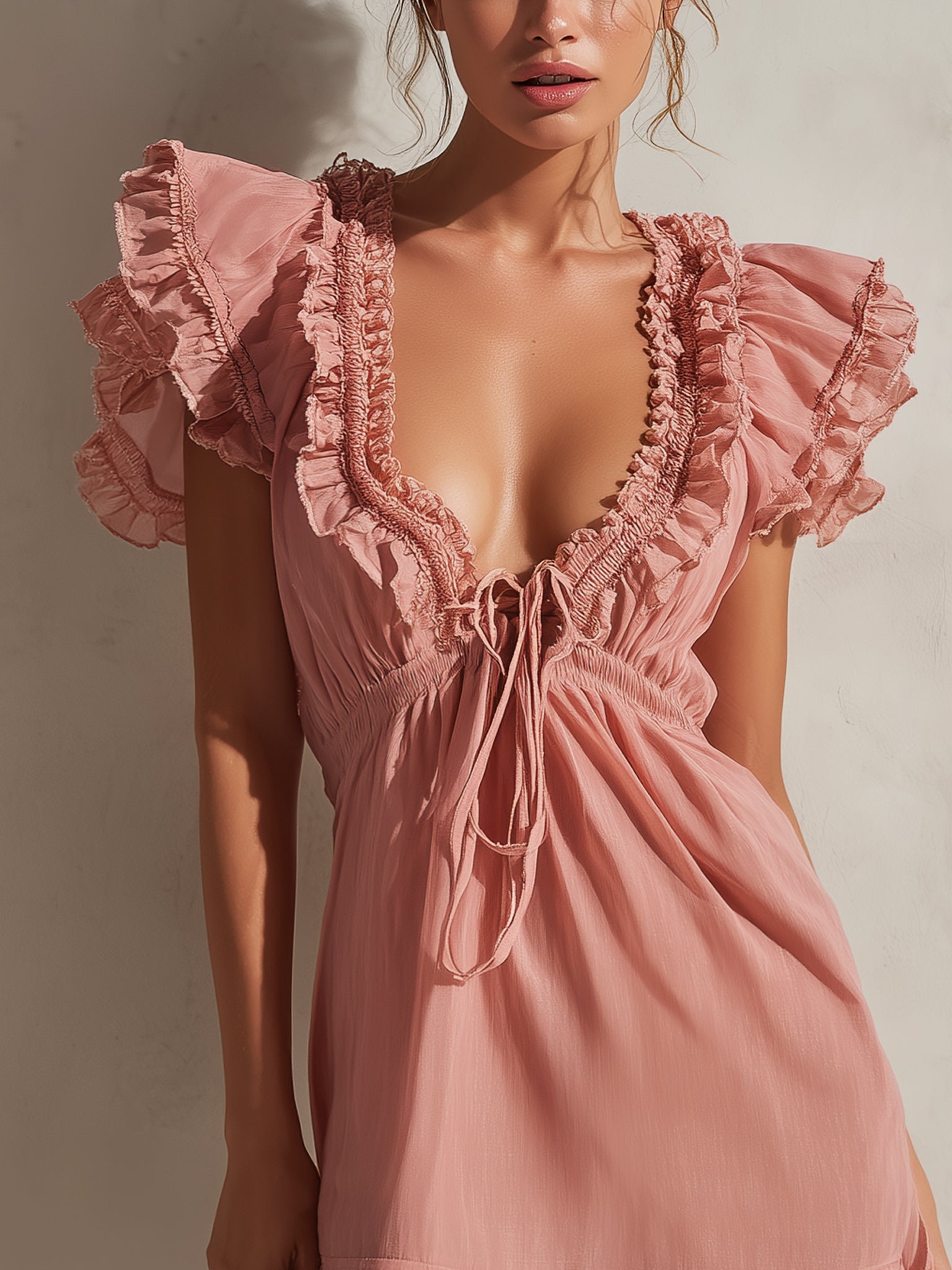 Blush Pink Deep V-Neck Chiffon Mini Dress