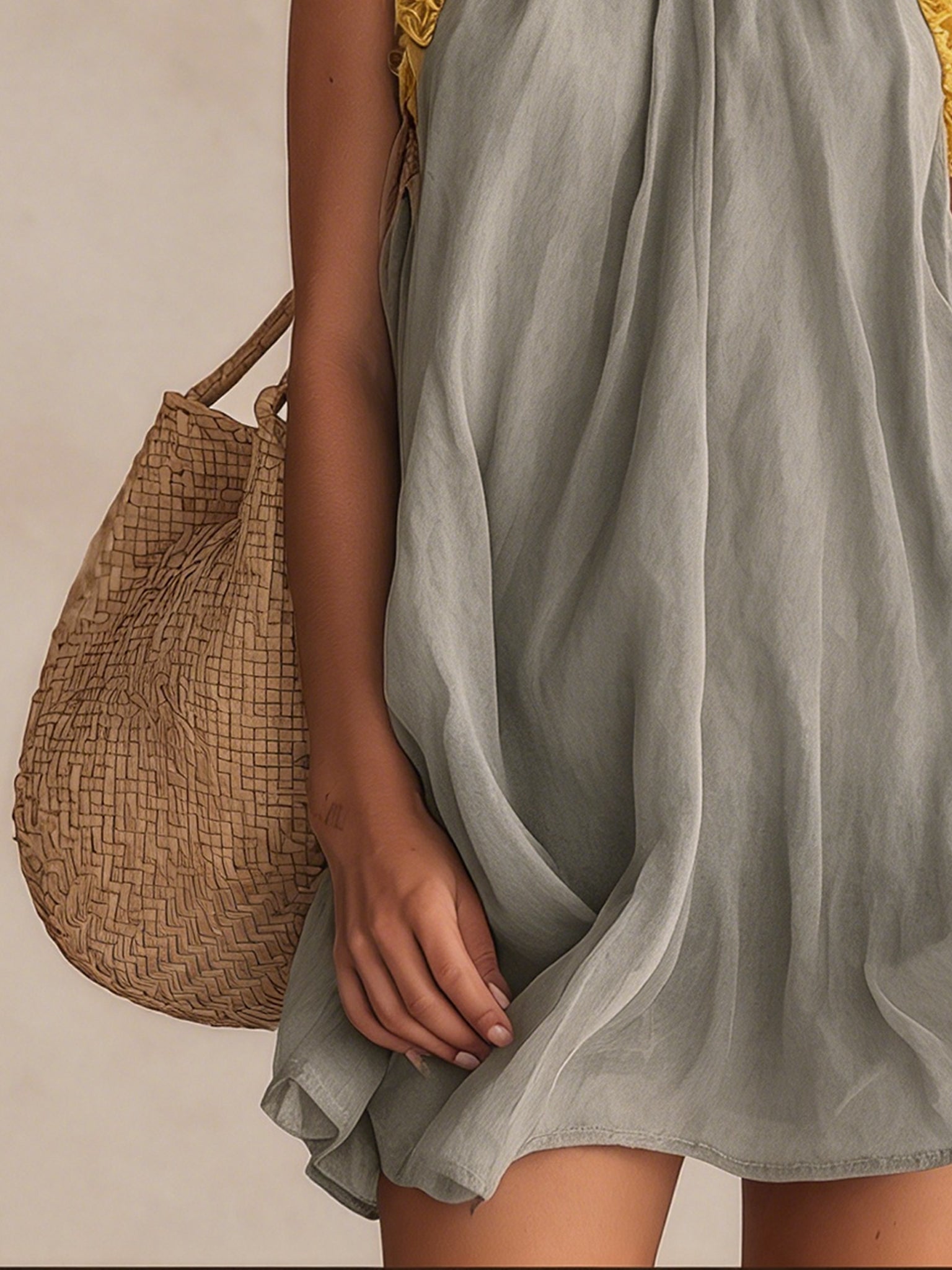 Gray Linen Mini Dress With Yellow Ruffle Trim