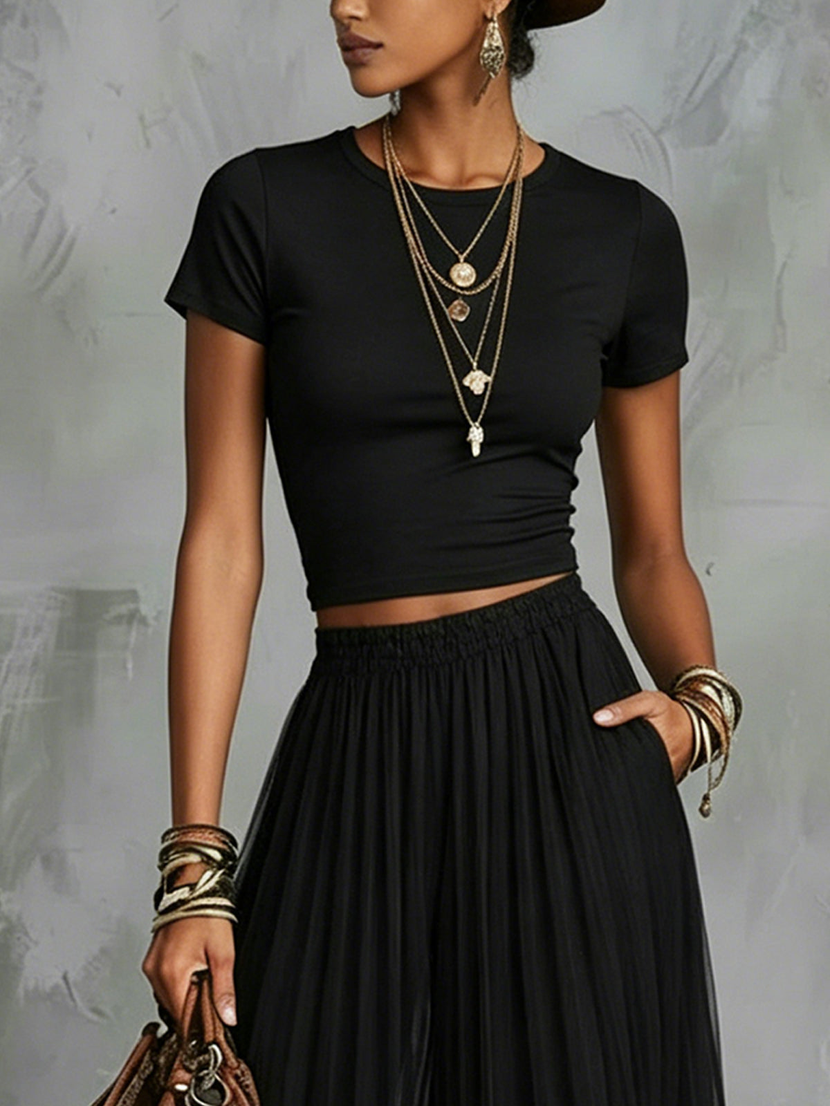 Black Lace-Trim Wide-Leg Pants Two-Piece Set
