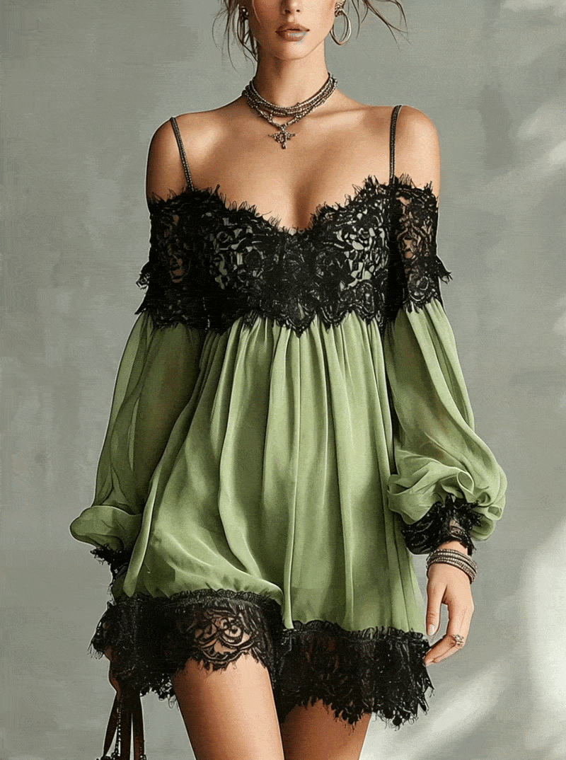 Green Off-Shoulder Chiffon Mini Dress With Black Lace Trim