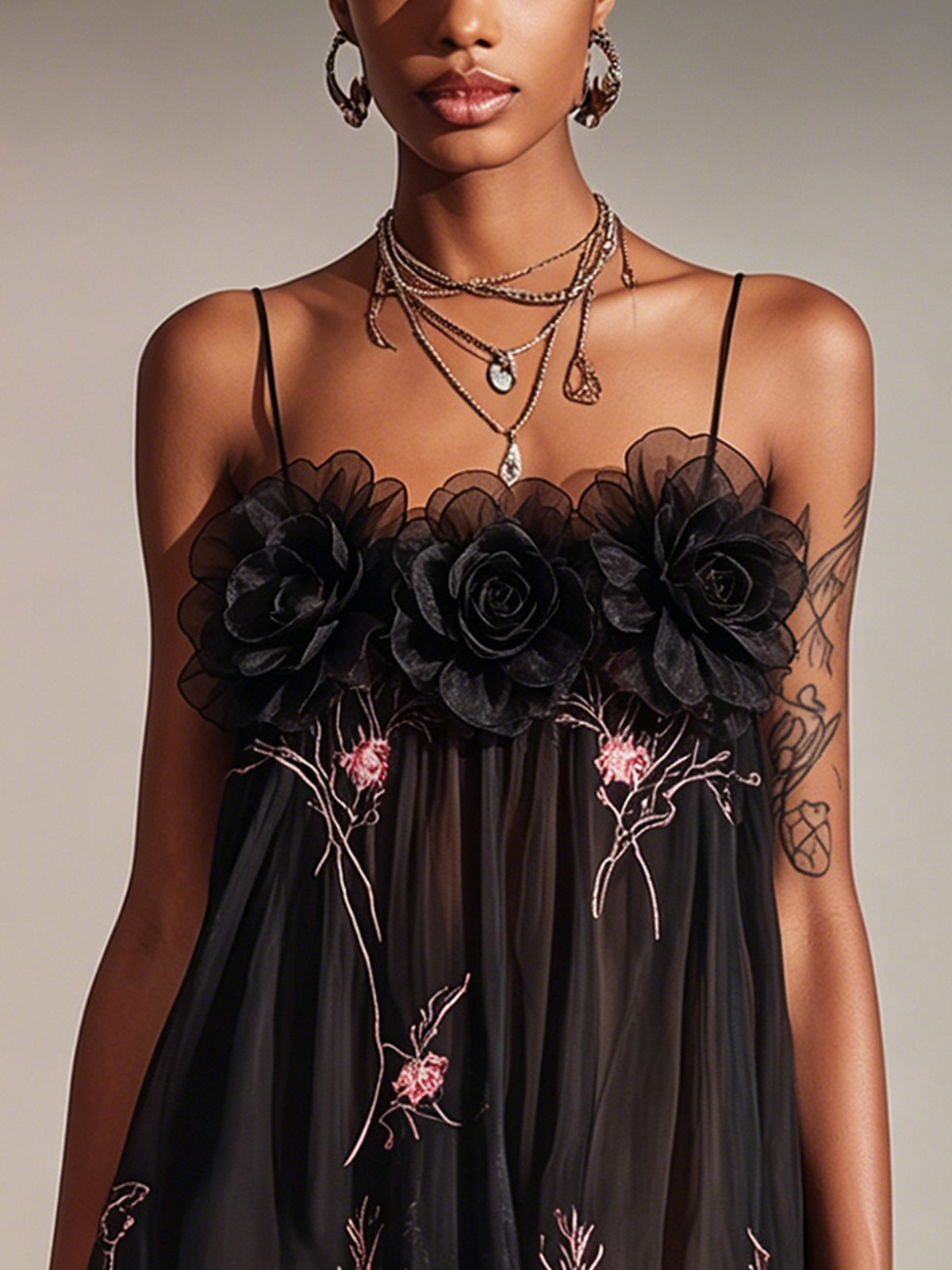 Black Floral Appliqué Embroidered Chiffon Mini Dress