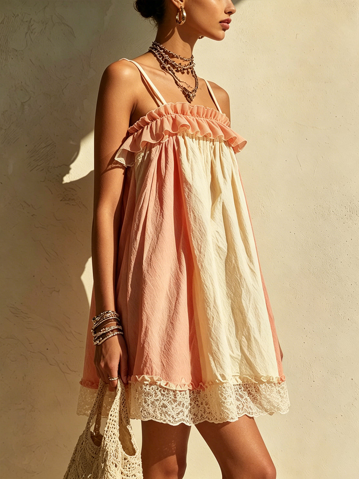 Pink And Cream Ruffled Mini Dress With Lace Hem