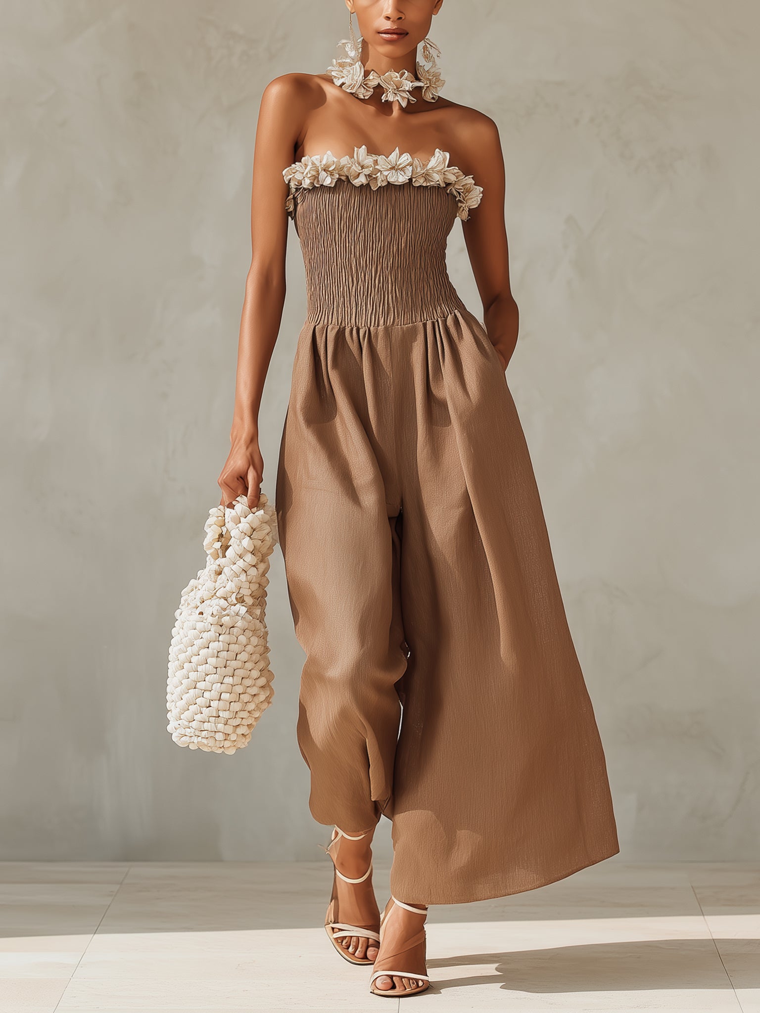 Brown Strapless 3D Floral Jumpsuit