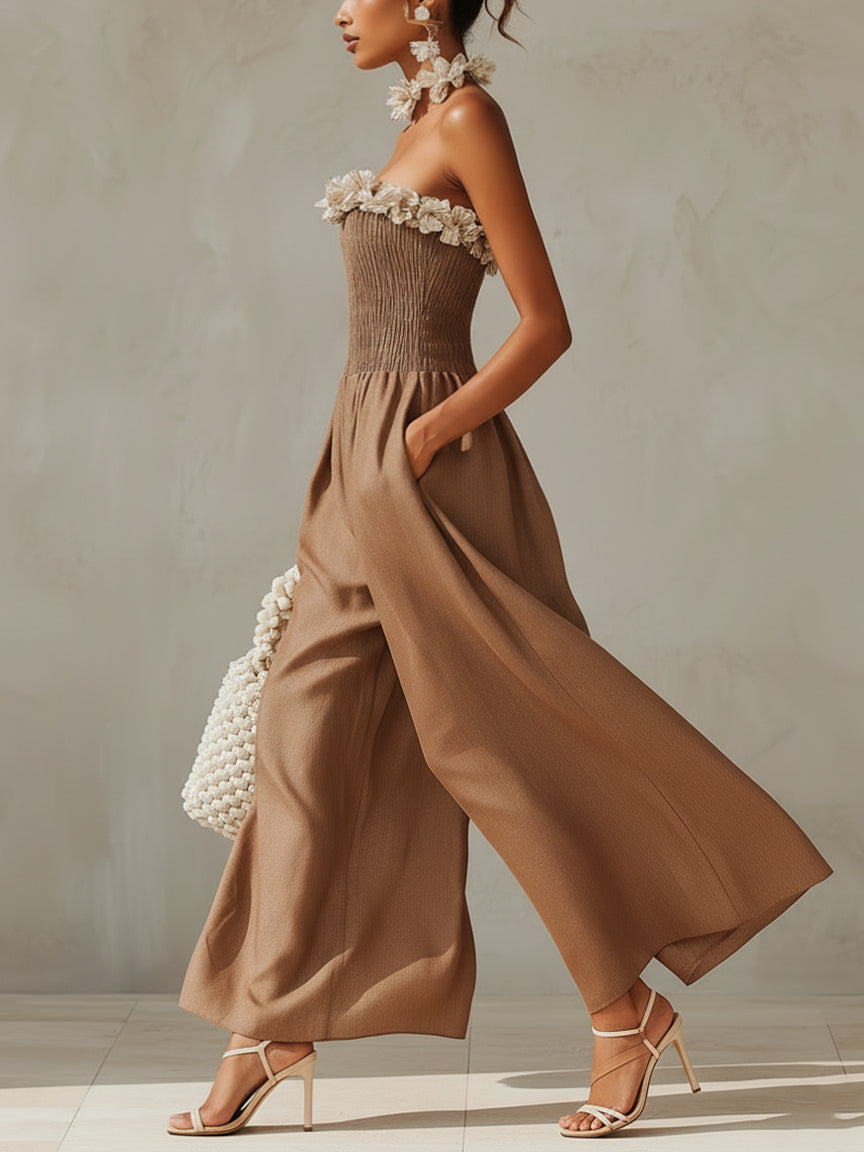 Brown Strapless 3D Floral Jumpsuit