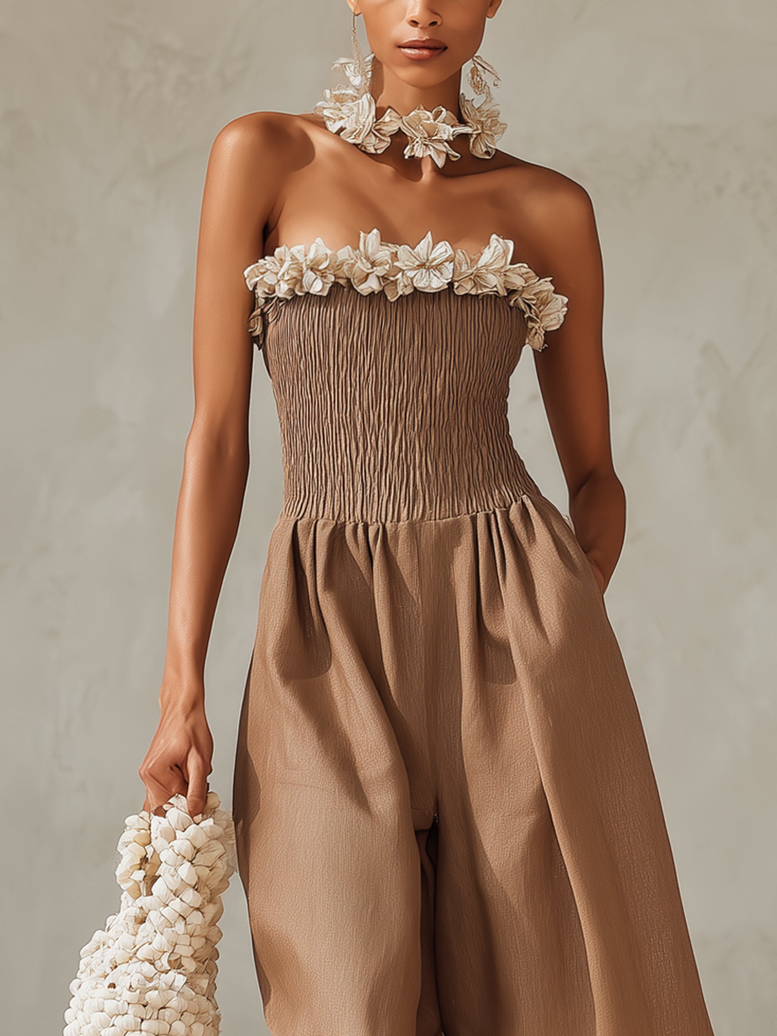 Brown Strapless 3D Floral Jumpsuit
