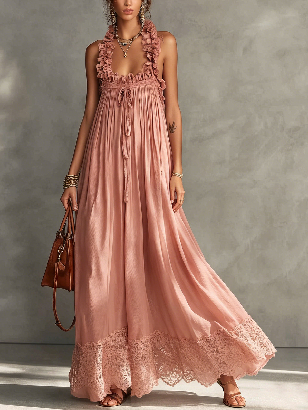 Pink Ruffle Trim Lace Hem Maxi Dress