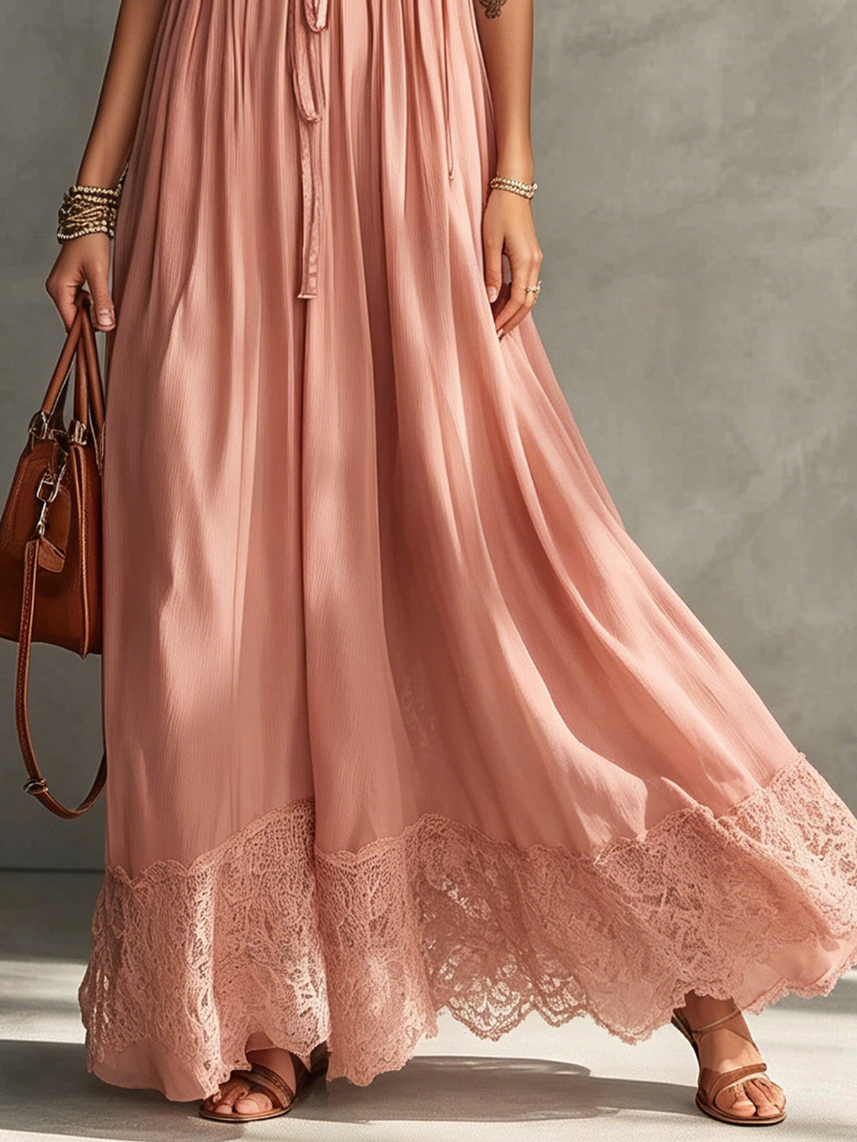 Pink Ruffle Trim Lace Hem Maxi Dress