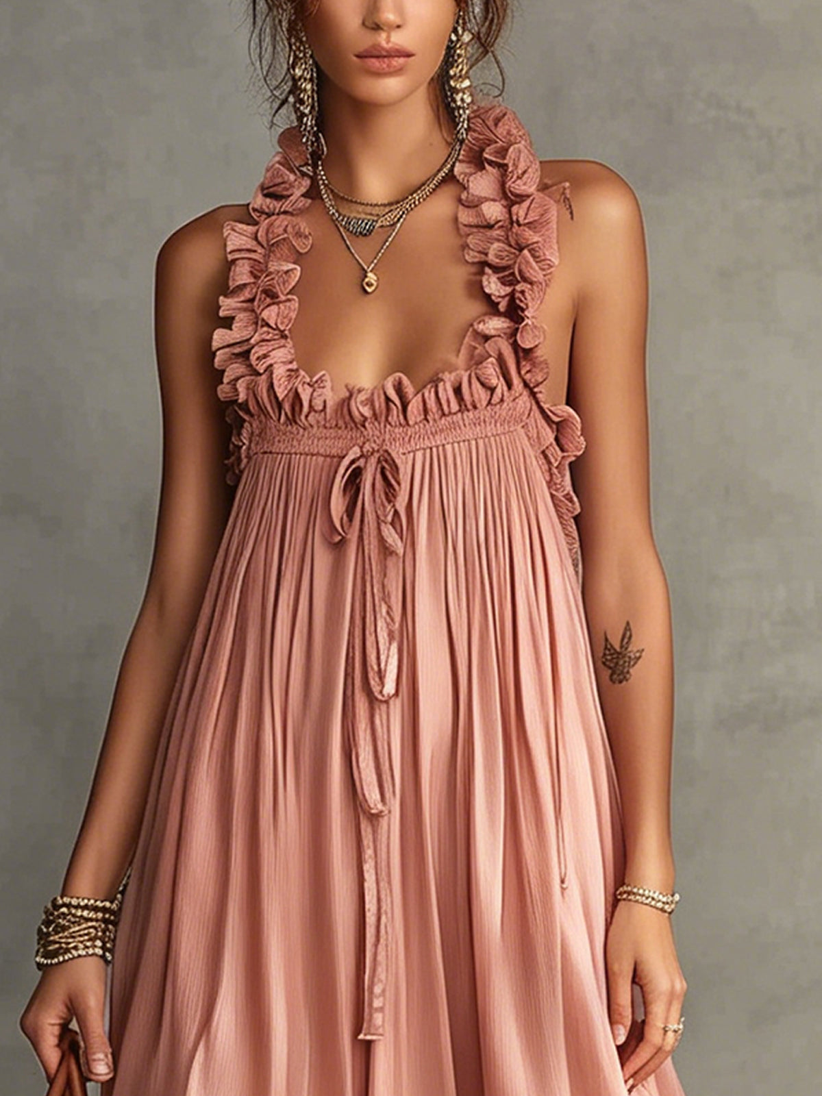 Pink Ruffle Trim Lace Hem Maxi Dress