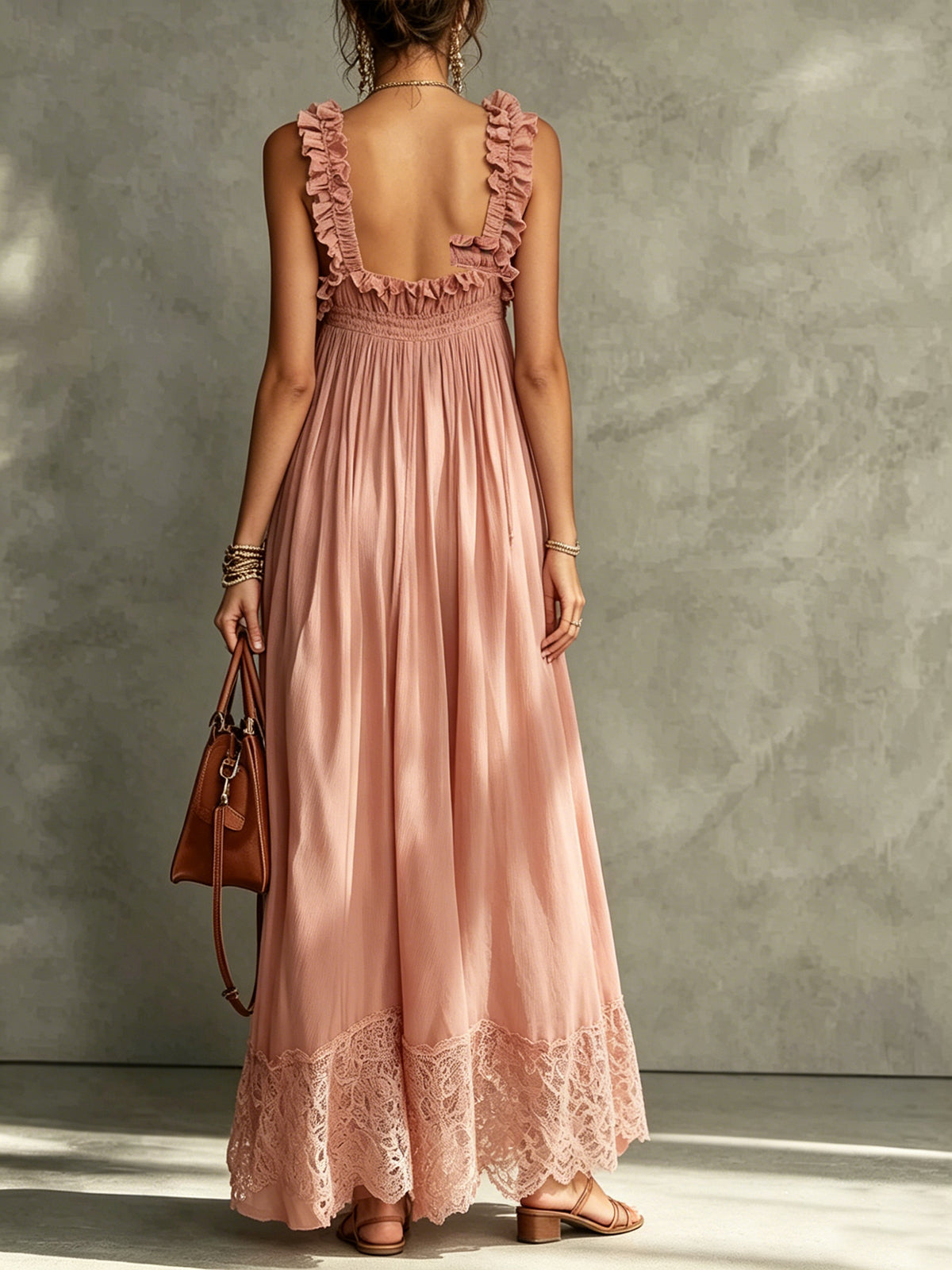 Pink Ruffle Trim Lace Hem Maxi Dress