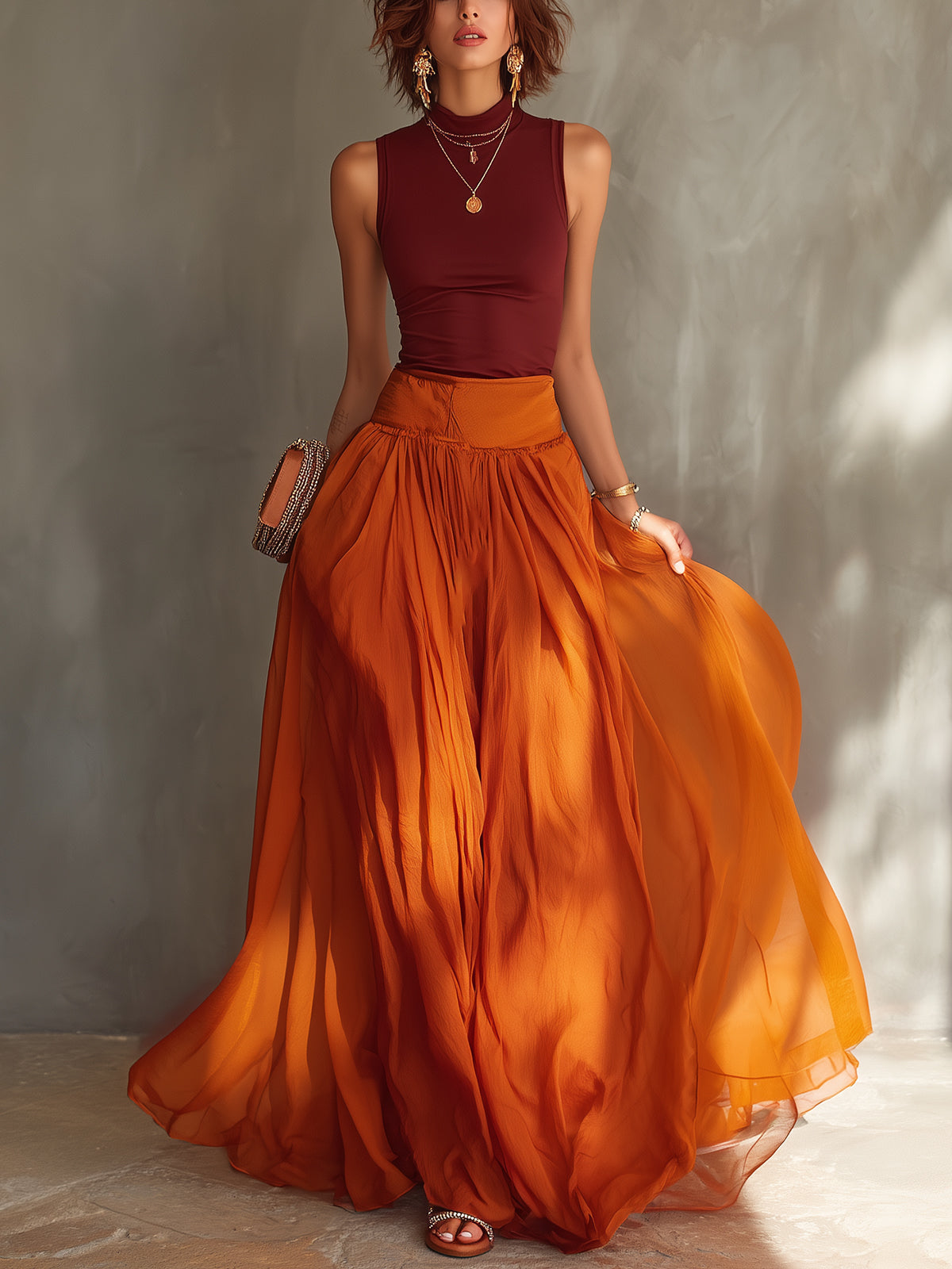 Red Sleeveless Top And Flowing Chiffon Maxi Skirt Set