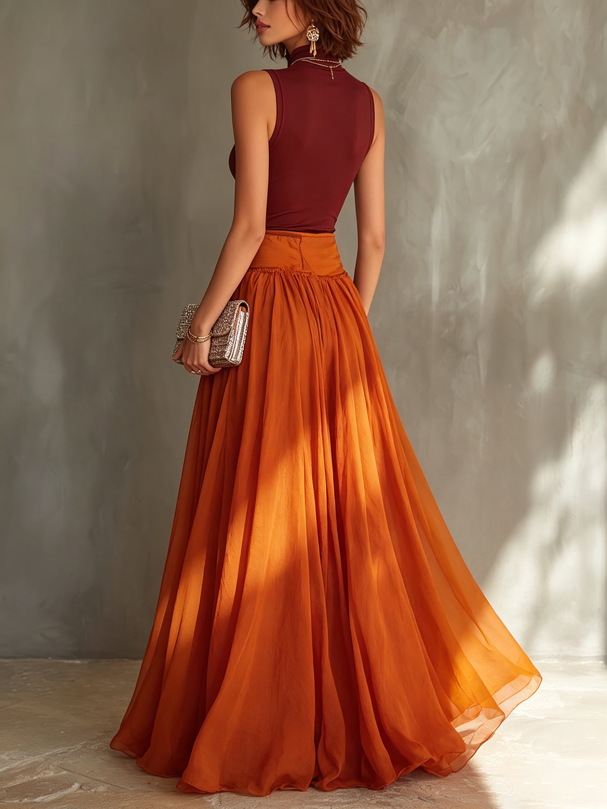 Red Sleeveless Top And Flowing Chiffon Maxi Skirt Set