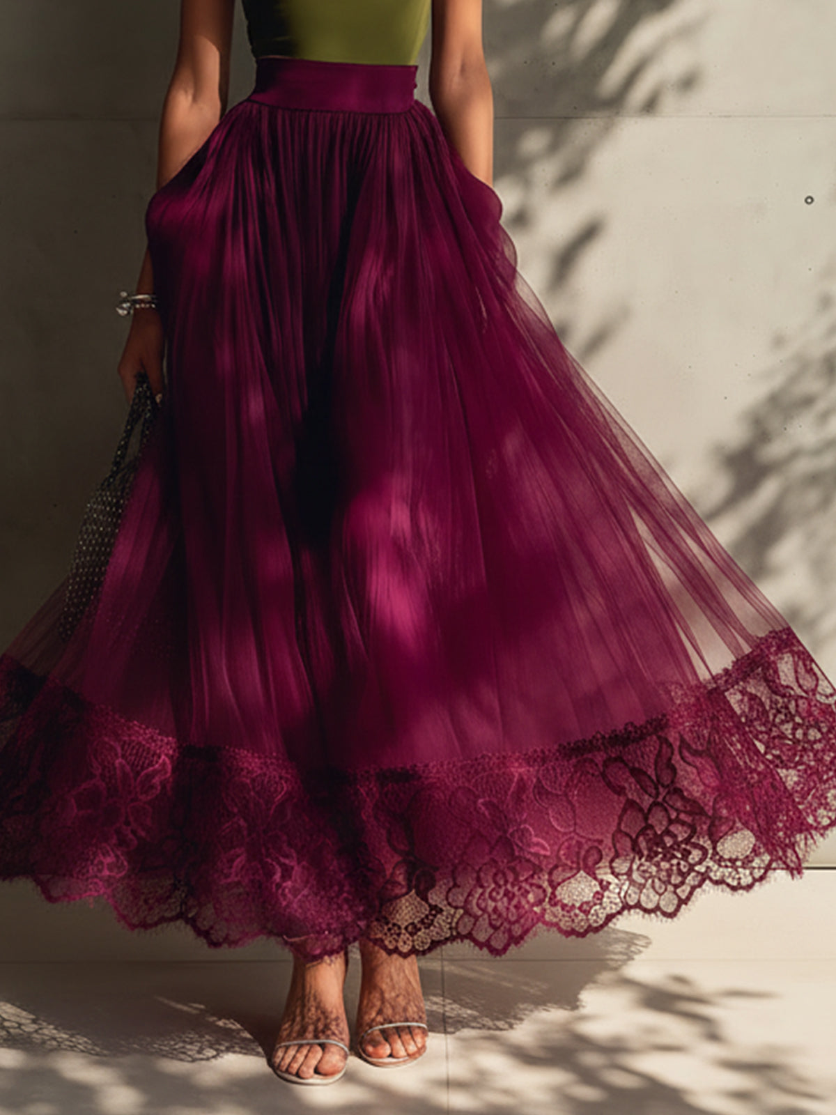 Olive Off Shoulder Top And Plum Lace Tulle Maxi Skirt Set