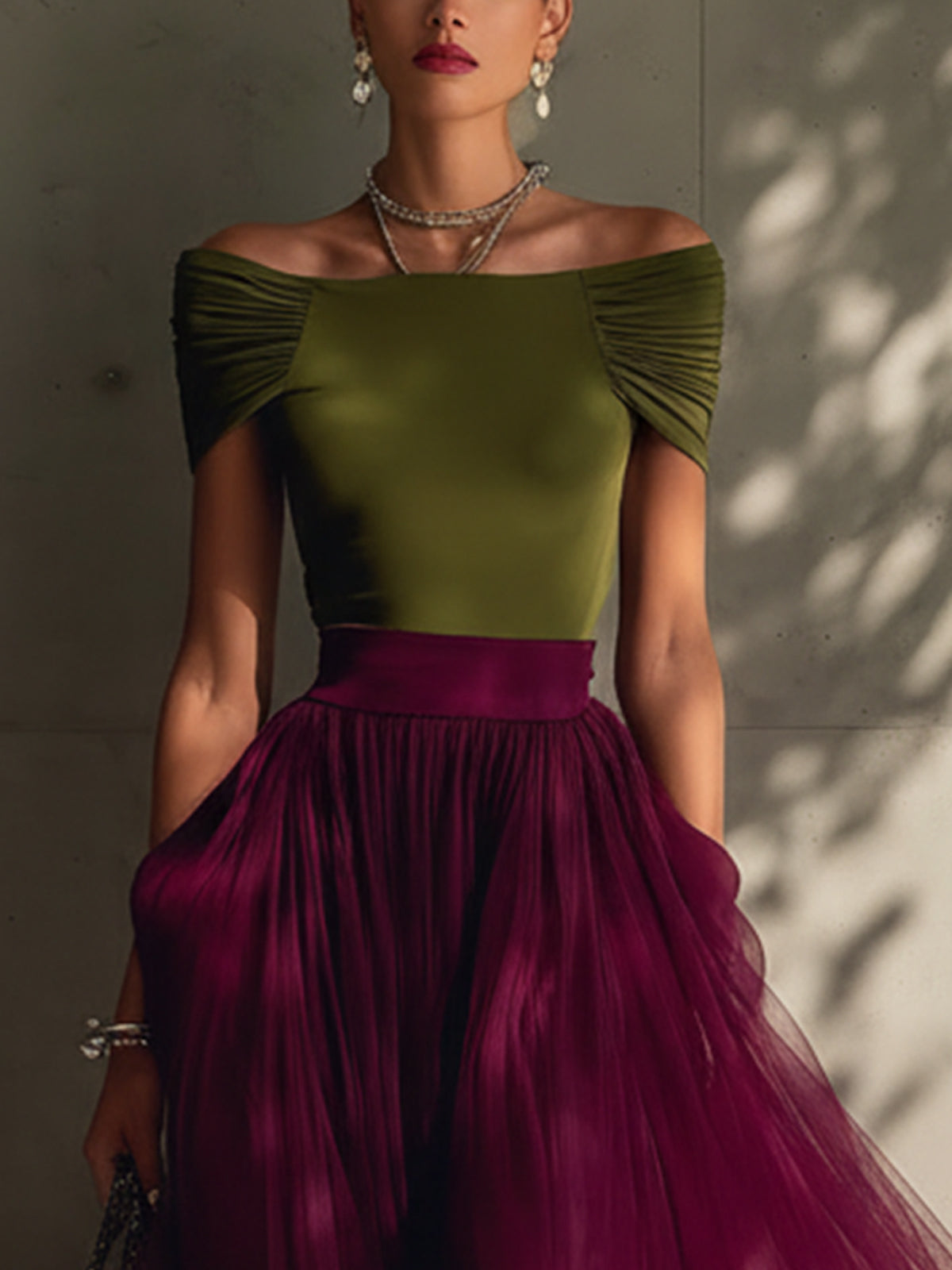 Olive Off Shoulder Top And Plum Lace Tulle Maxi Skirt Set