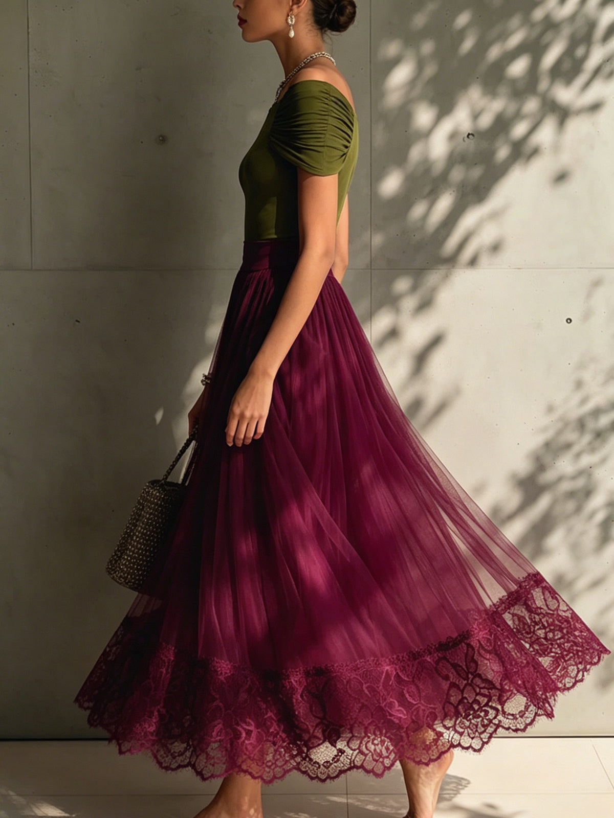 Olive Off Shoulder Top And Plum Lace Tulle Maxi Skirt Set